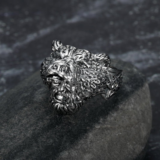 Bjorn Regalia Handcrafted Stainless Steel Odin and Wolf Ring