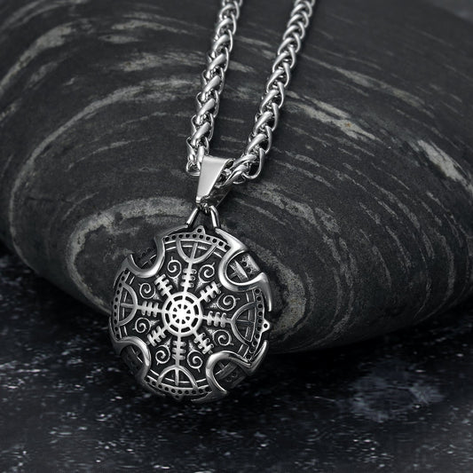 Bjorn Regalia Handcrafted Stainless Steel Viking Shield With Helm of Awe Motif