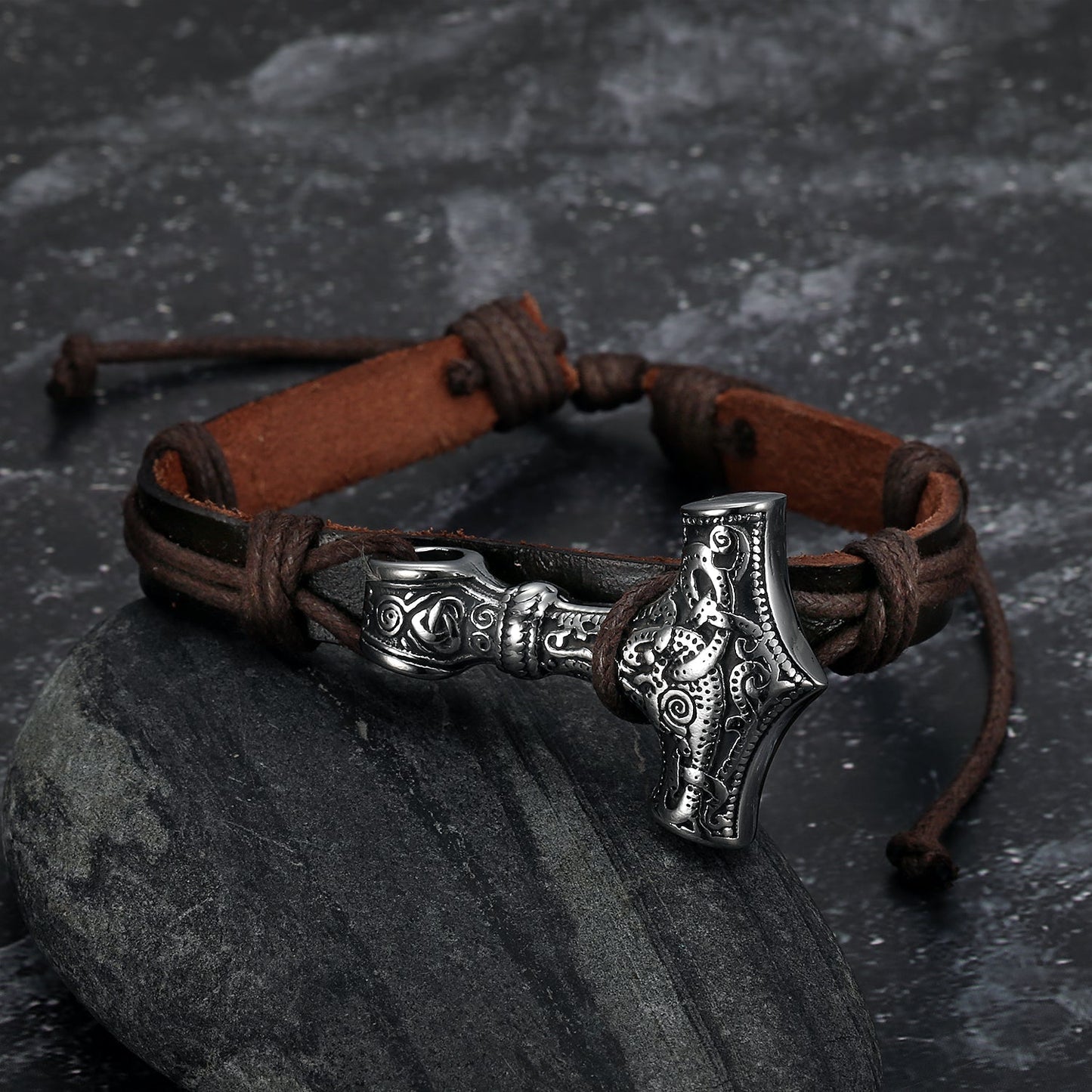 Bjorn Regalia Adjustable Leather Wristband With Handcrafted Stainless Steel Mjolnir