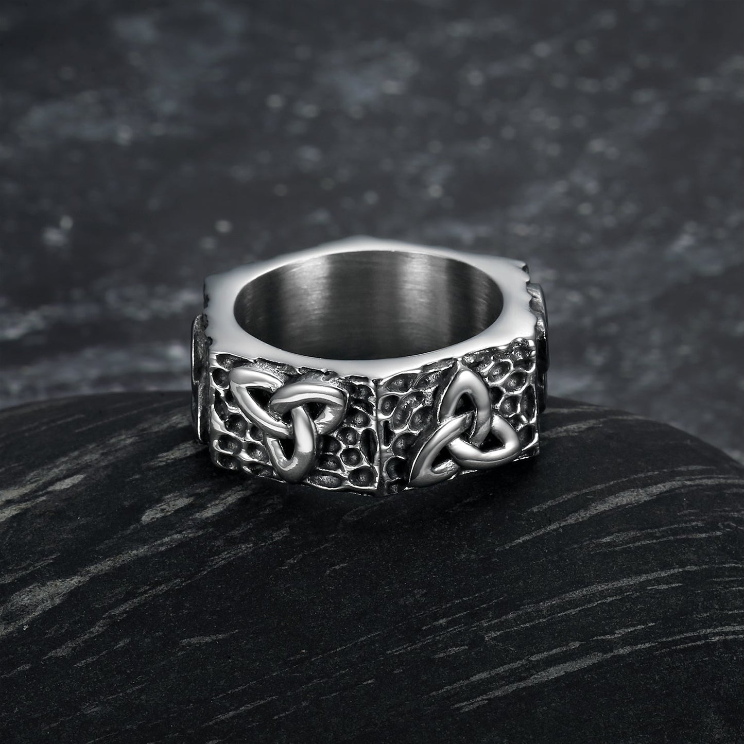 Bjorn Regalia Hexagonal Handcrafted Stainless Steel Triquetra Ring