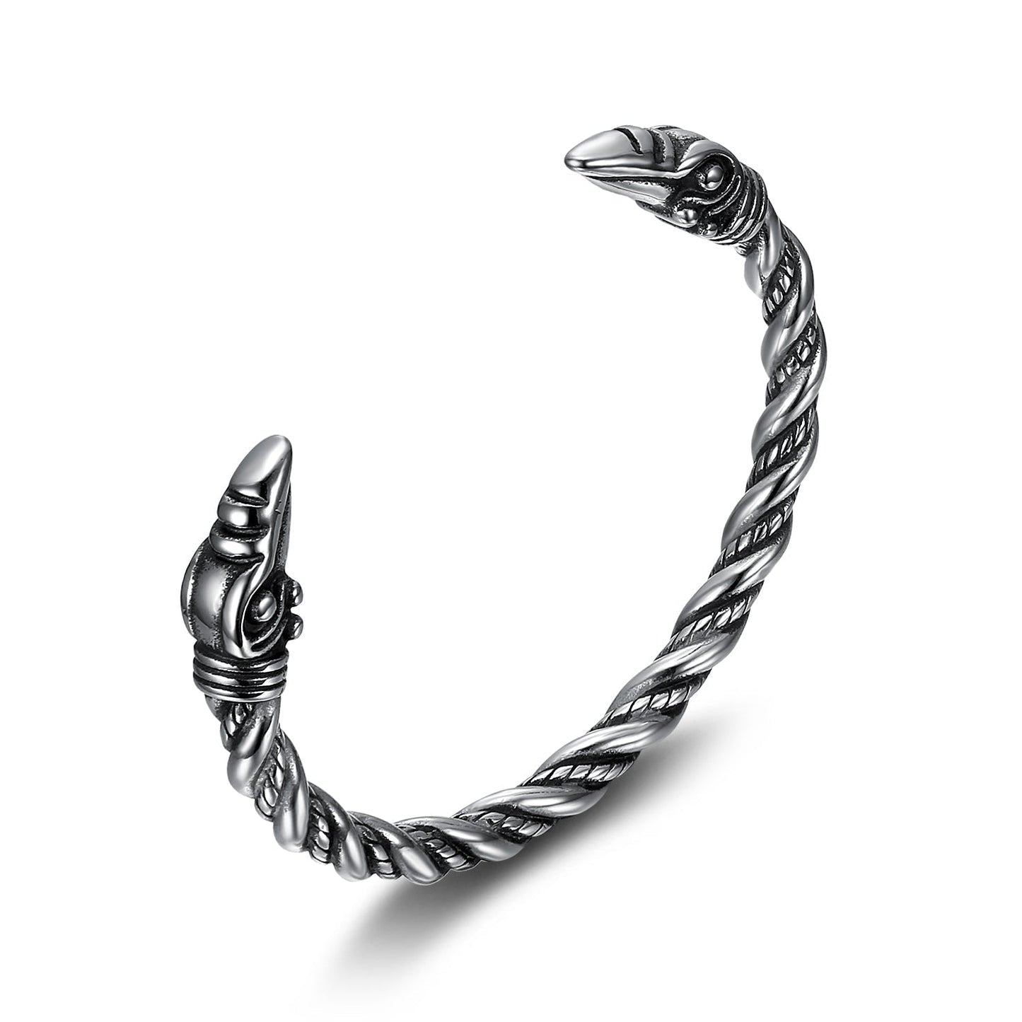 Bjorn Regalia Handcrafted Stainless Steel Beaded Spiral Raven Head Torc Bracelet