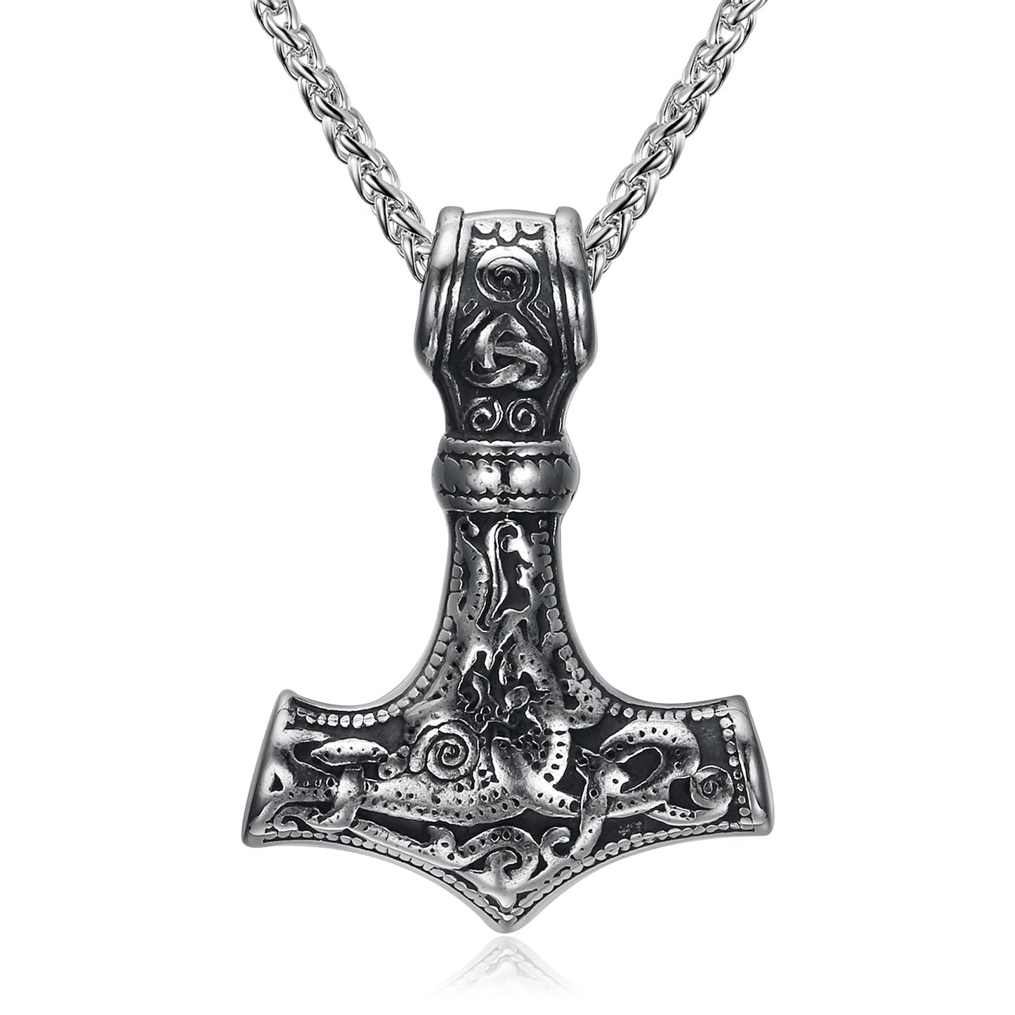 Bjorn Regalia Handcrafted Stainless Steel 'Knotwork' Mjolnir on Handcrafted Stainless Steel Link Chain