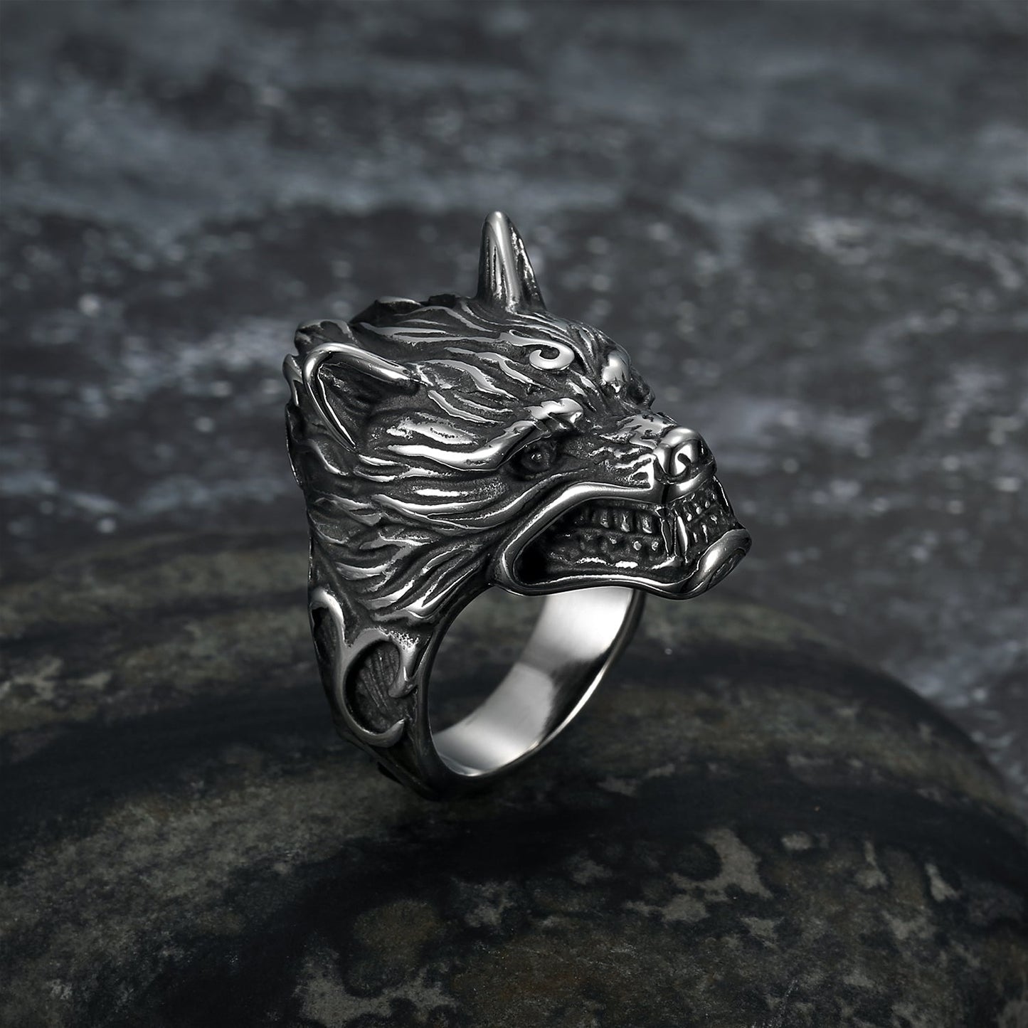Bjorn Regalia Handcrafted Stainless Steel Wolf Head Biker Ring