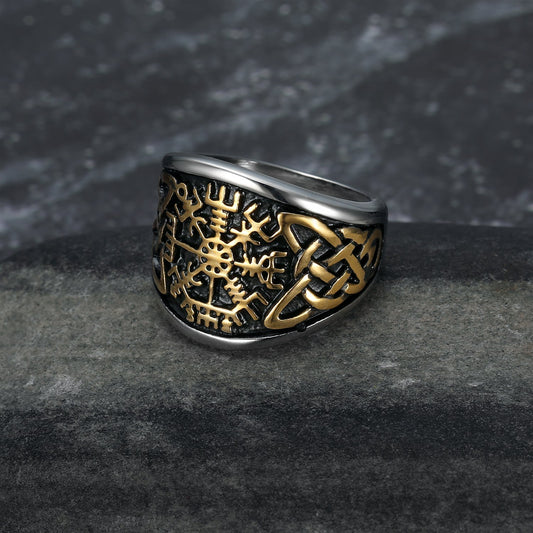 Bjorn Regalia Dual Color Handcrafted Stainless Steel Vegvisir and Celtic Knot Ring