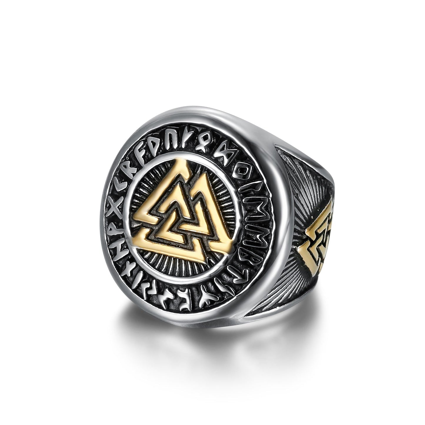 Bjorn Regalia Handcrafted Stainless Steel Dual Color Valknut and Runes Ring