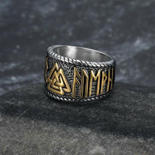 Bjorn Regalia Handcrafted Stainless Steel Dual Color Valknut and Rune Ring