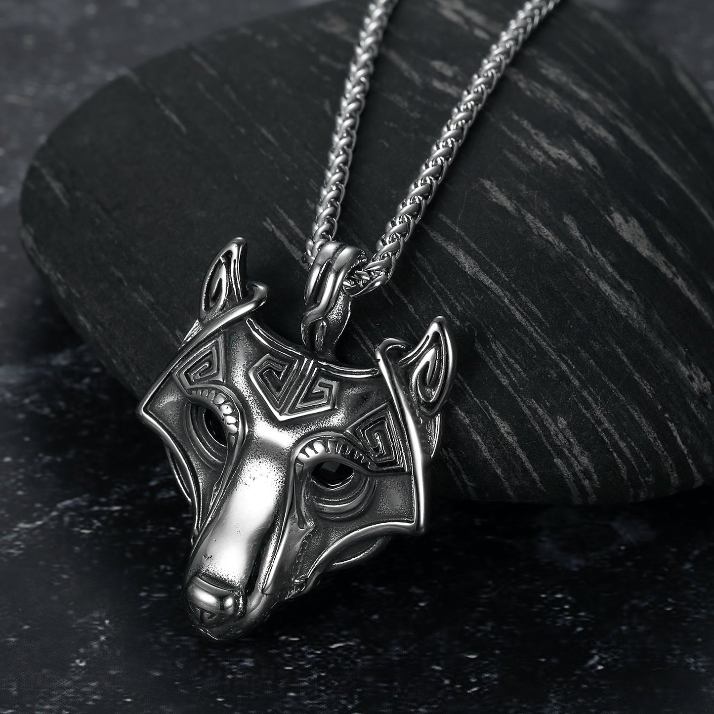 Bjorn Regalia Handcrafted Stainless Steel Fenrir Pendant on Handcrafted Stainless Steel Chain
