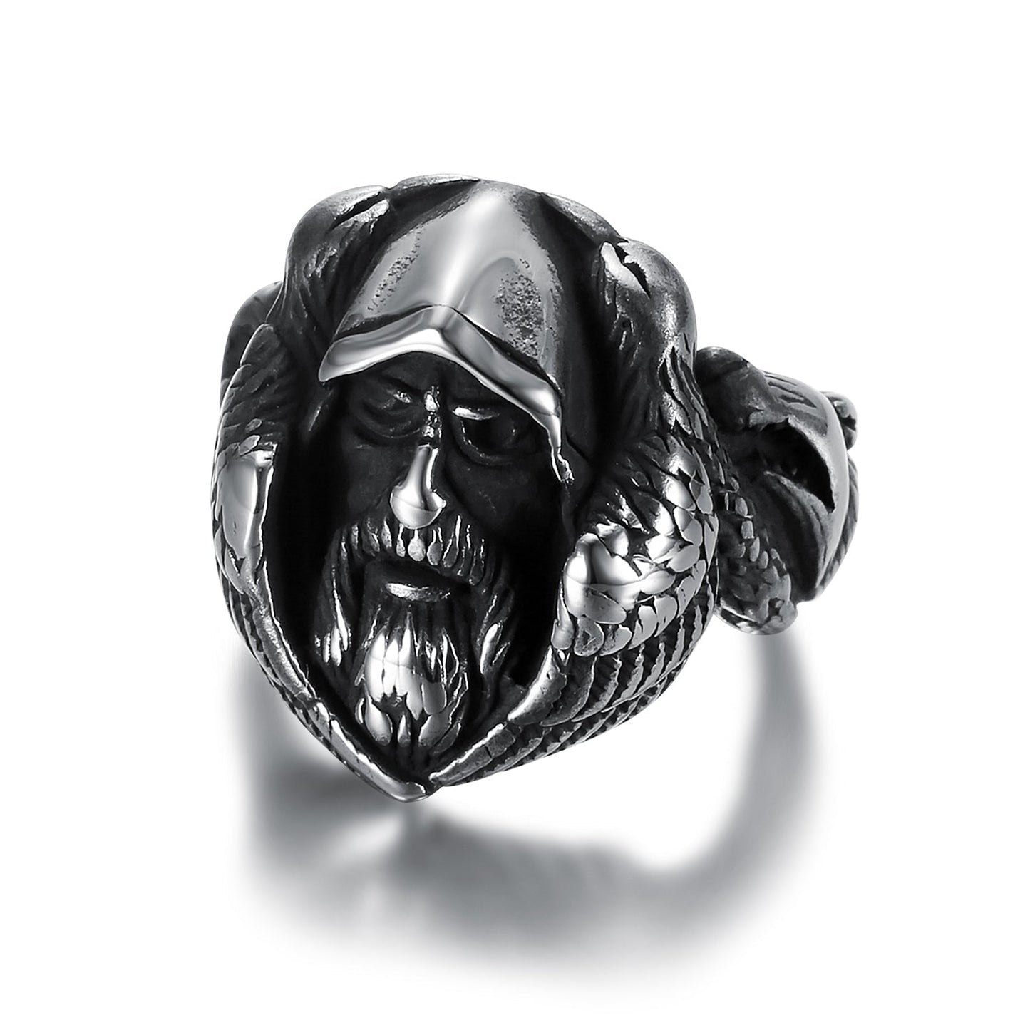 Bjorn Regalia Handcrafted Stainless Steel Viking Odin Ring With Raven and Wolf