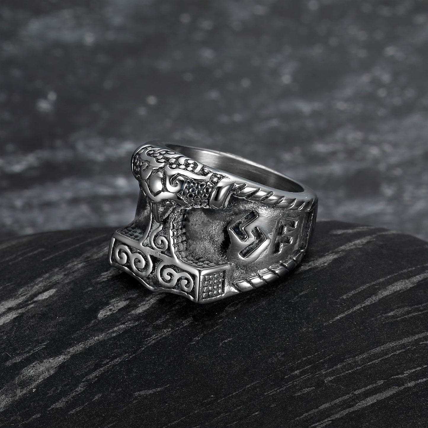 Bjorn Regalia Handcrafted Stainless Steel Thor's Hammer and Rune Ring