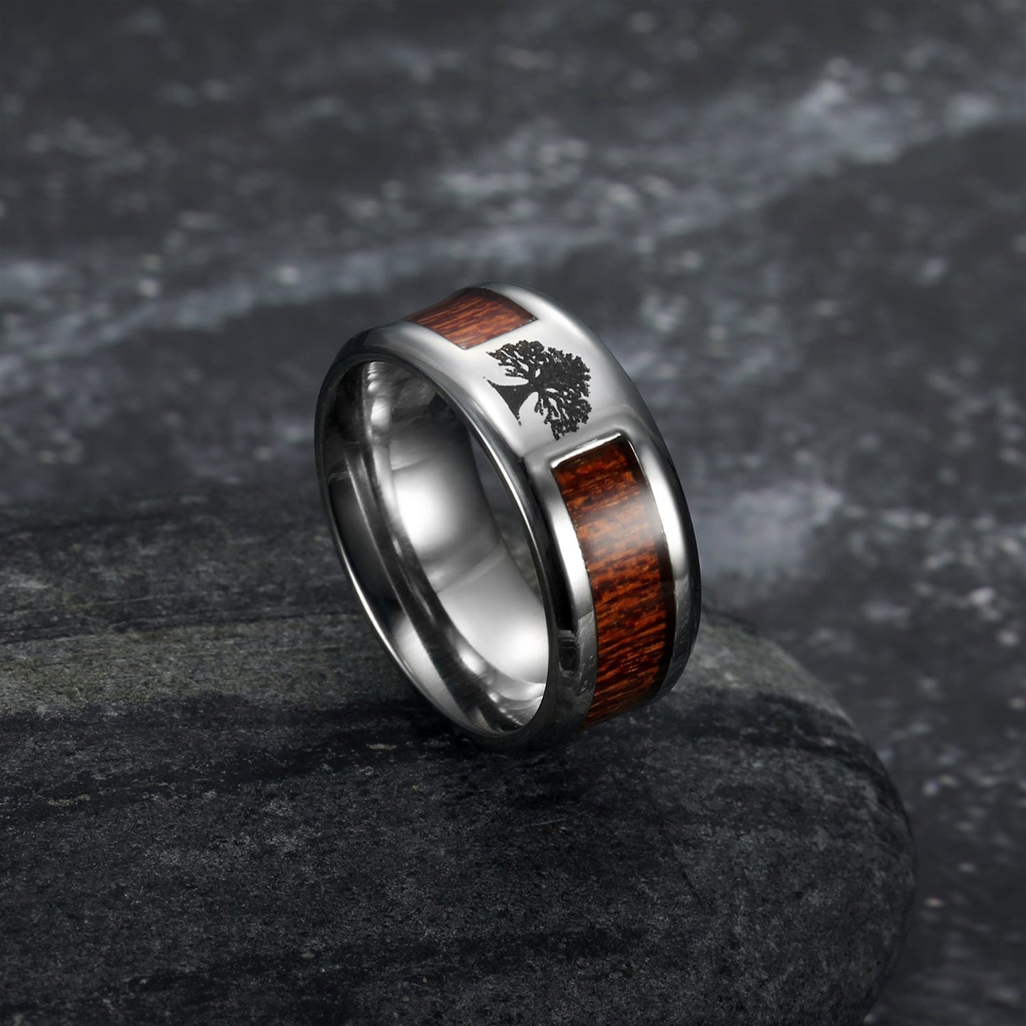 Bjorn Regalia Handcrafted Stainless Steel Tree of Life / Yggdrasil and Wood Inlay Wedding Band
