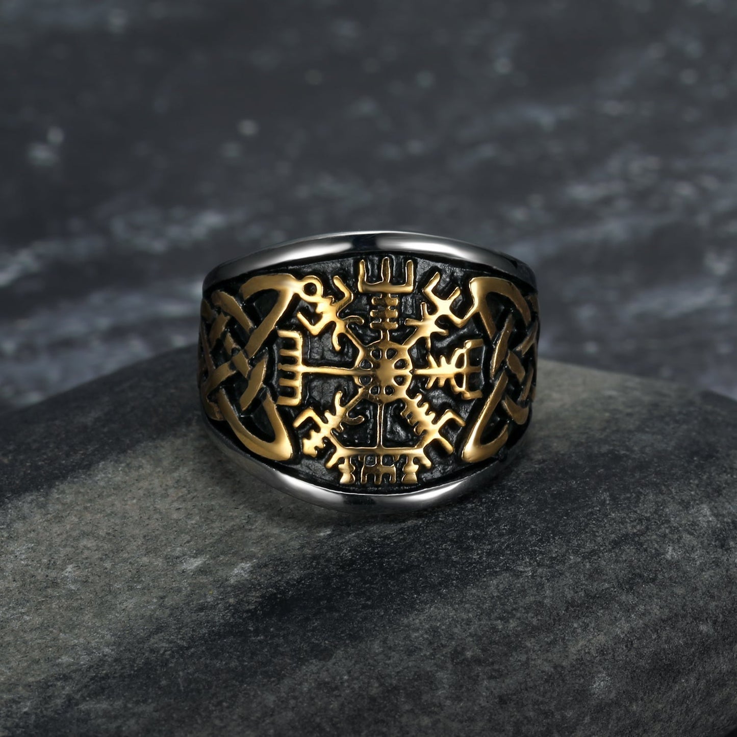 Bjorn Regalia Handcrafted Stainless Steel Vegvisir and Celtic Knot Ring