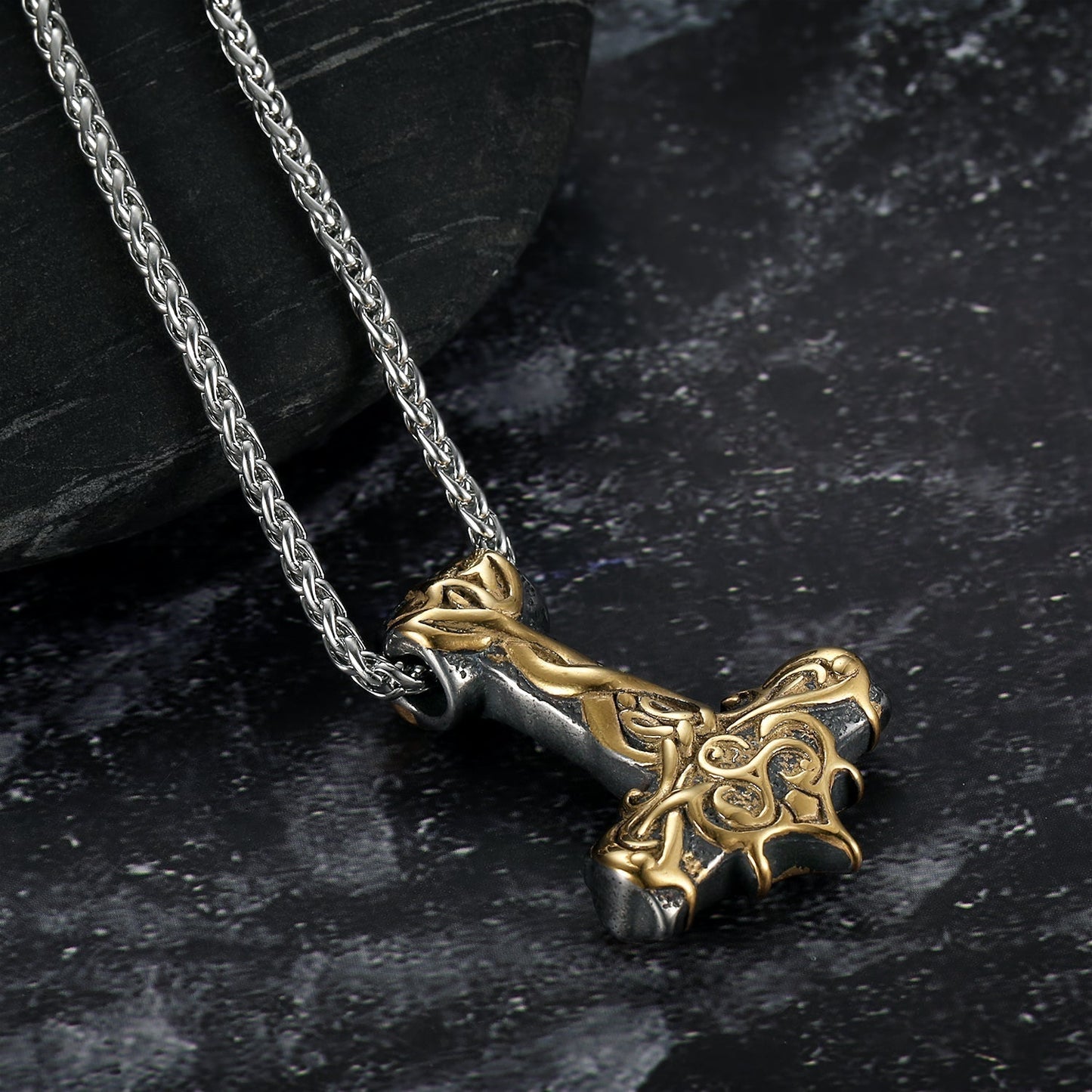 Bjorn Regalia Handcrafted Stainless Steel Dual Color Ornate Thor's Hammer Necklace