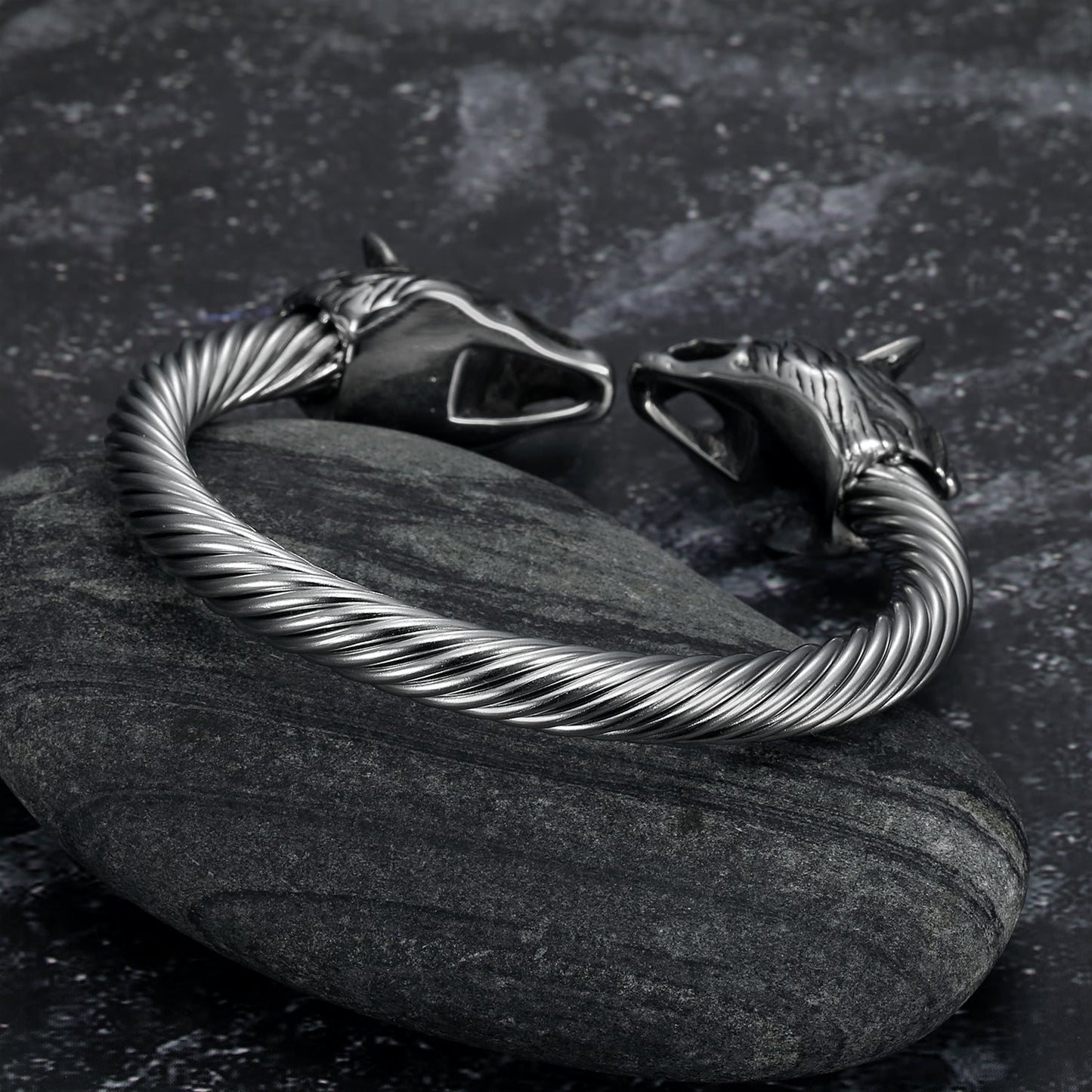 Bjorn Regalia Handcrafted Stainless Steel Large Wolf Head Torc Bracelet