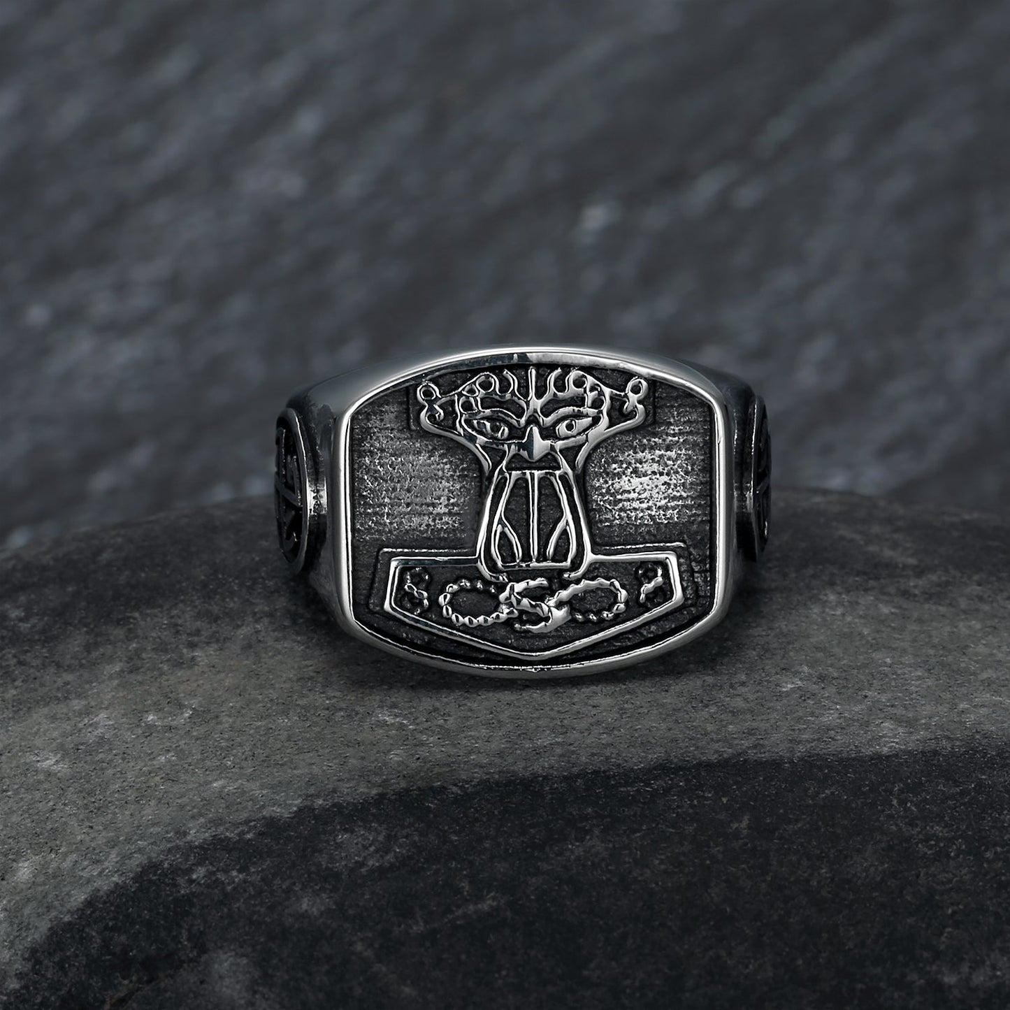 Bjorn Regalia Handcrafted Stainless Steel 'Aged' Mjolnir Signet Ring