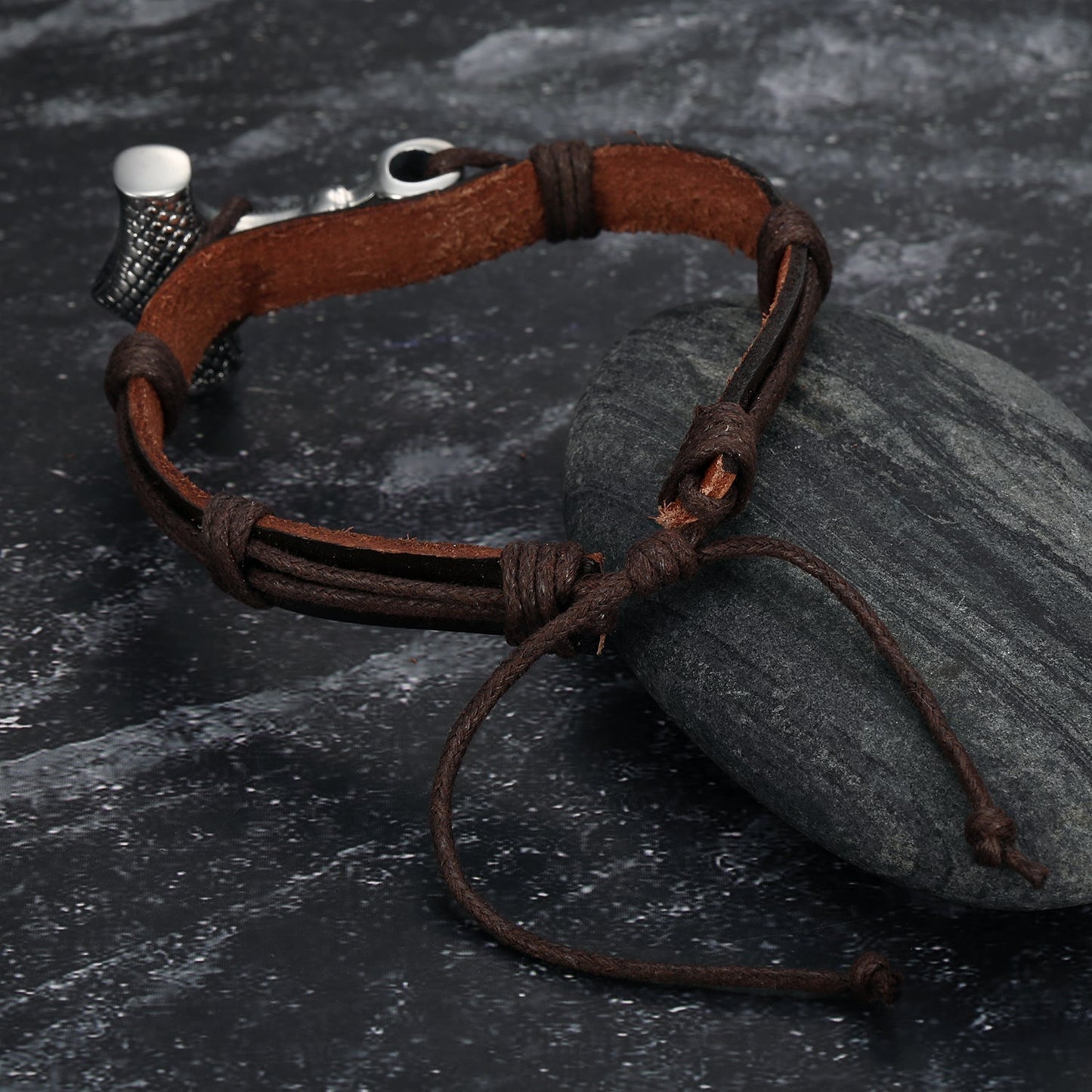 Bjorn Regalia Adjustable Leather Wristband With Handcrafted Stainless Steel Mjolnir