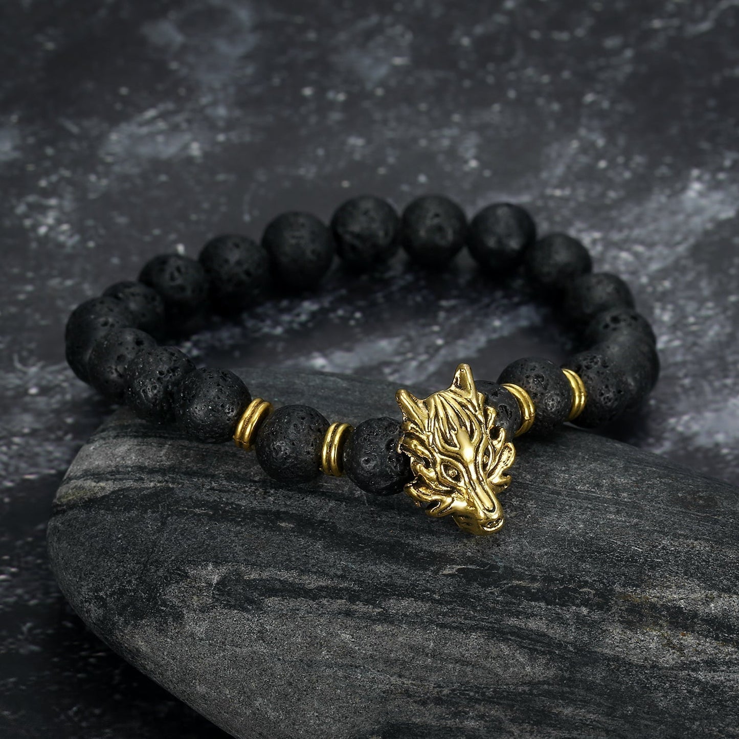 Bjorn Regalia Wolf Head and Lava Stone Bracelet