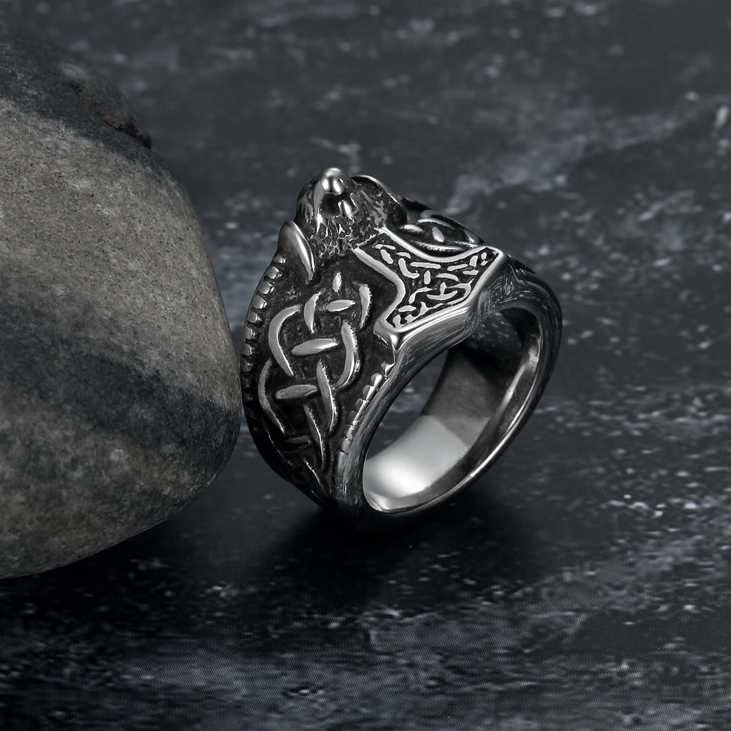 Bjorn Regalia Handcrafted Stainless Steel Thor's Hammer and Celtic Knotwork Ring