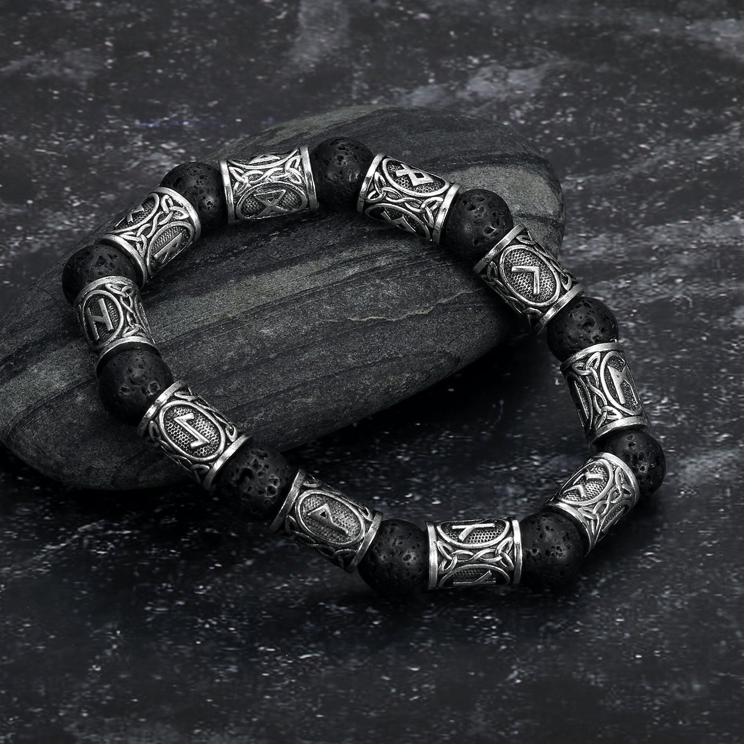 Bjorn Regalia Silver Rune and Black Lava Stone Bracelet