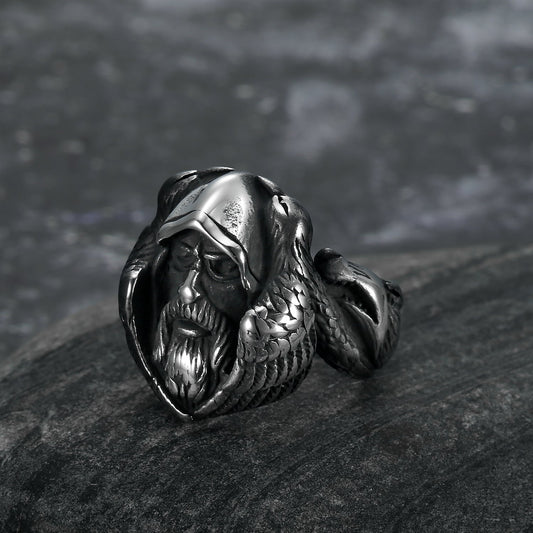 Bjorn Regalia Handcrafted Stainless Steel Viking Odin Ring With Raven and Wolf