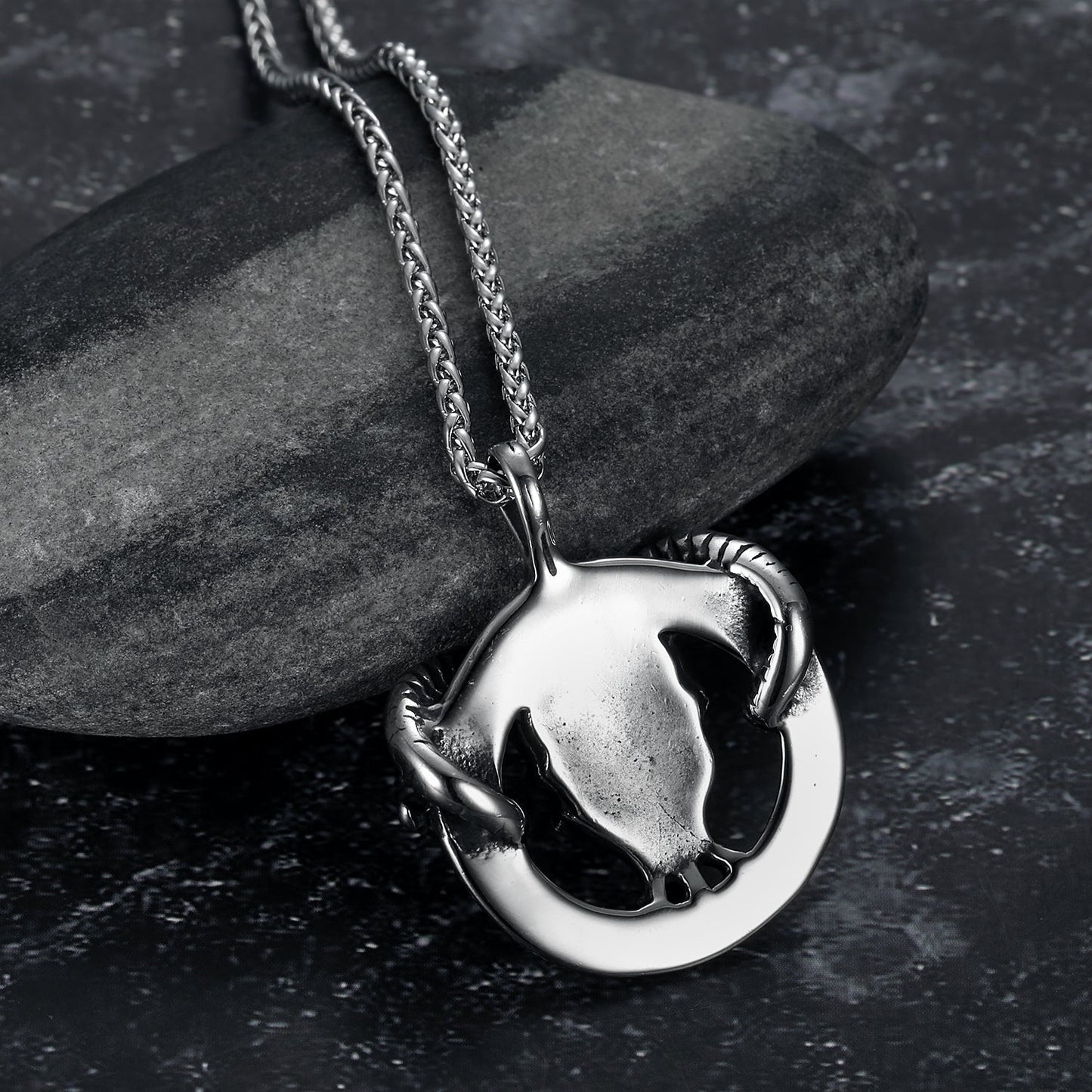 Bjorn Regalia Handcrafted Stainless Steel Goat Head Necklace with Valknut and Runes