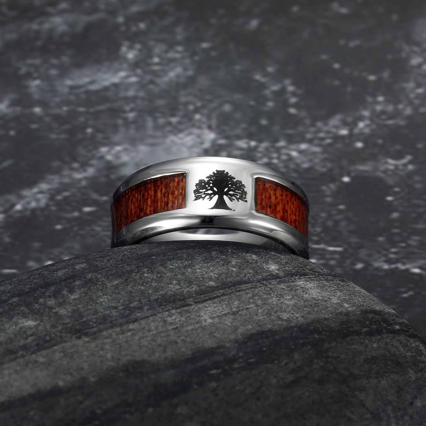 Bjorn Regalia Handcrafted Stainless Steel Tree of Life / Yggdrasil and Wood Inlay Wedding Band