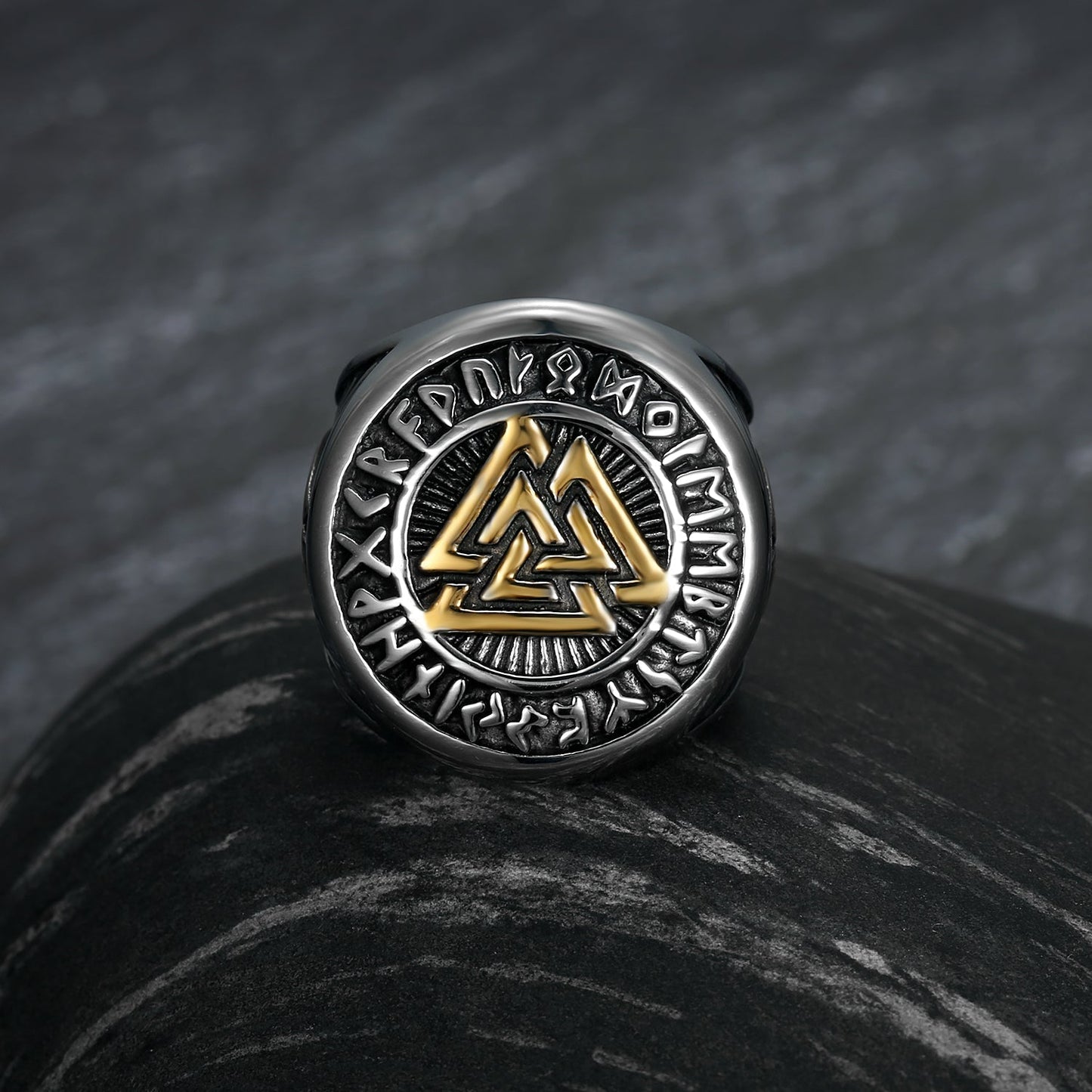 Bjorn Regalia Handcrafted Stainless Steel Dual Color Valknut and Runes Ring