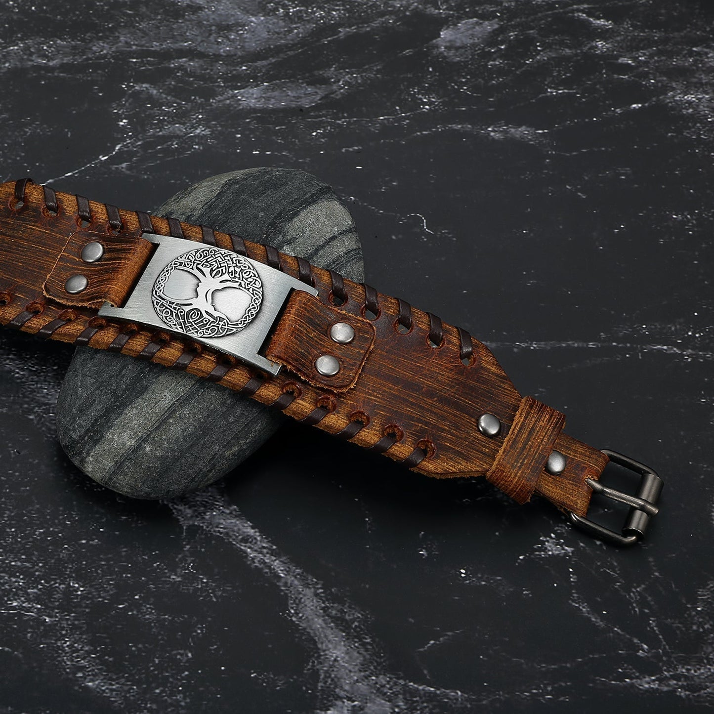 Bjorn Regalia Leather Buckle Arm Cuff With Metal Tree of Life / Yggdrasil Design