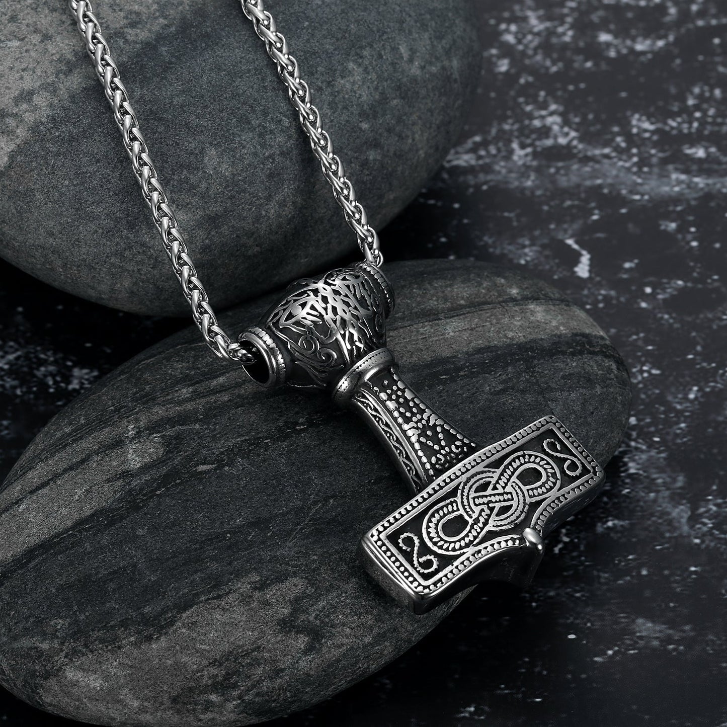 Bjorn Regalia Handcrafted Stainless Steel Chunky Mjolnir Necklace With Celtic Scrolls
