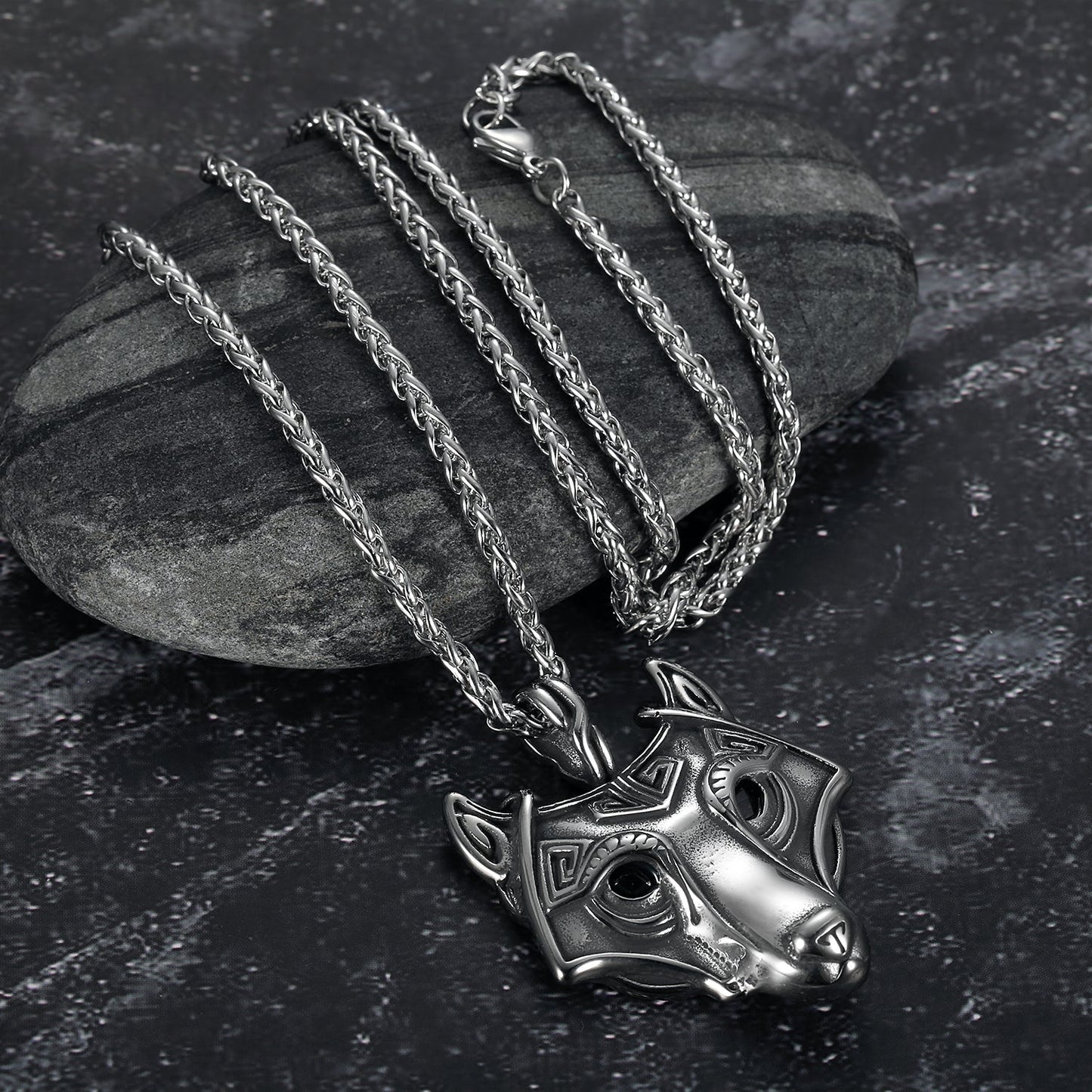 Bjorn Regalia Handcrafted Stainless Steel Fenrir Pendant on Handcrafted Stainless Steel Chain
