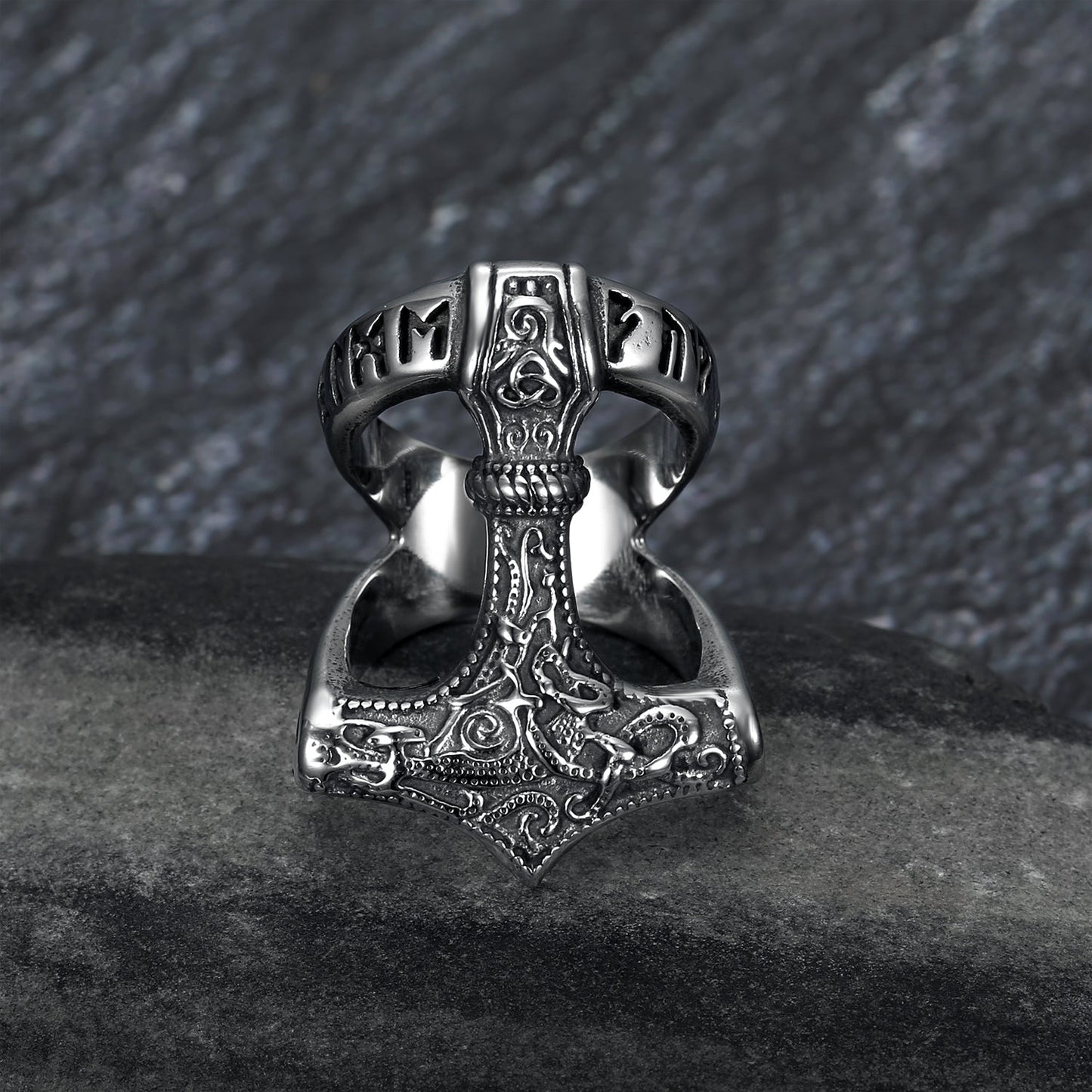 Bjorn Regalia Handcrafted Stainless Steel Open Thor's Hammer Ring