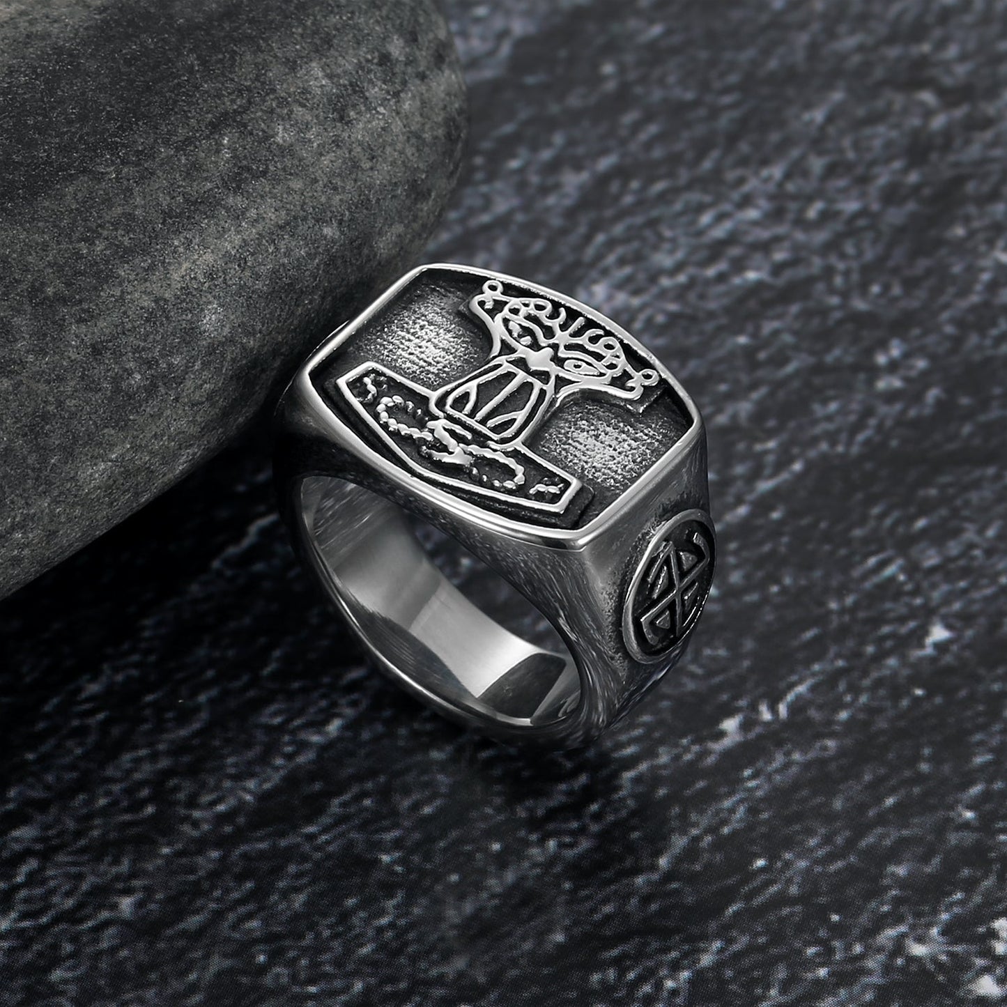 Bjorn Regalia Handcrafted Stainless Steel 'Aged' Mjolnir Signet Ring