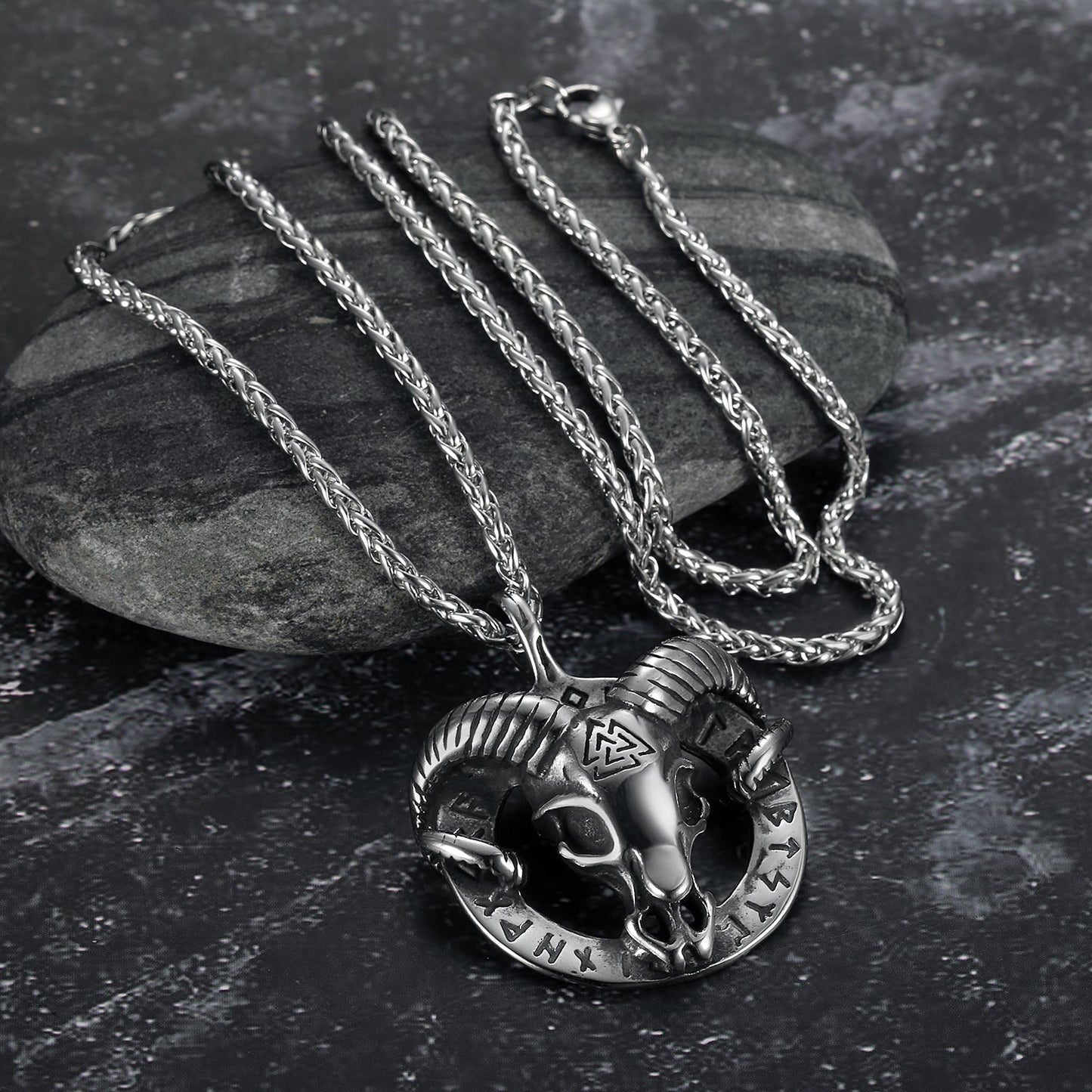 Bjorn Regalia Handcrafted Stainless Steel Goat Head Necklace with Valknut and Runes