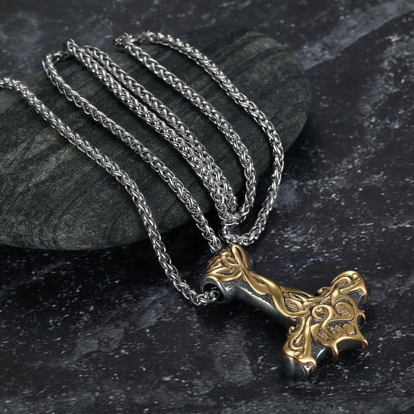 Bjorn Regalia Handcrafted Stainless Steel Dual Color Ornate Thor's Hammer Necklace