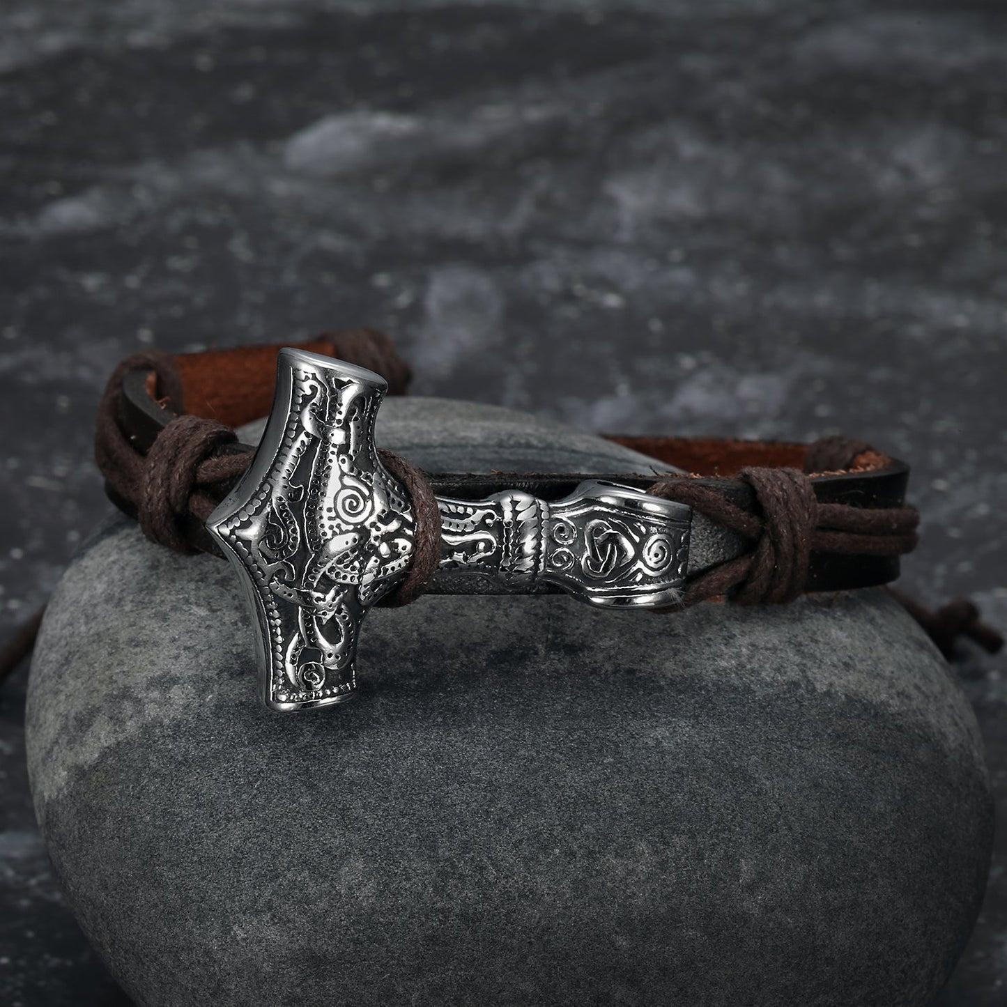 Bjorn Regalia Adjustable Leather Wristband With Handcrafted Stainless Steel Mjolnir