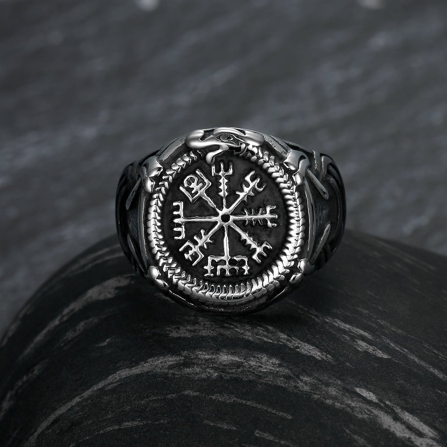 Bjorn Regalia Handcrafted Stainless Steel Vegvisir and Jormungand Ring