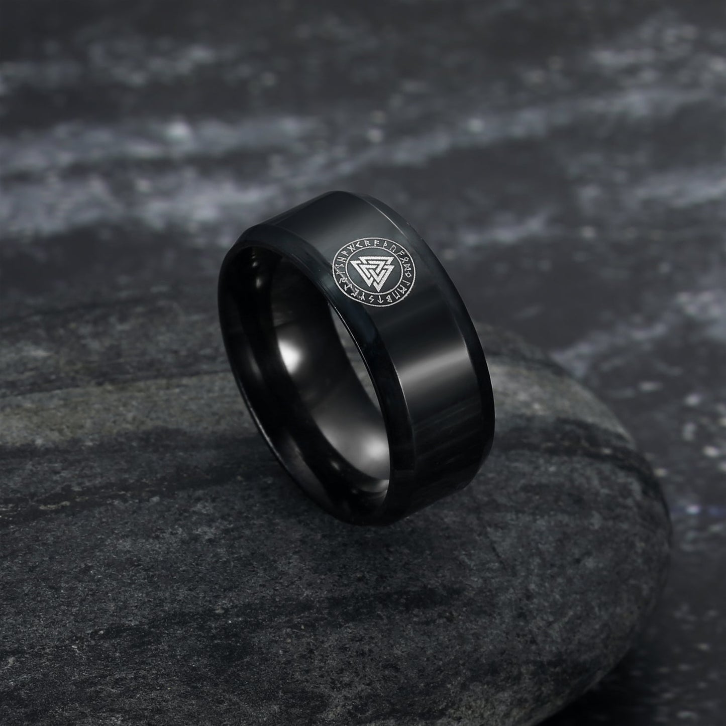 Bjorn Regalia Black Handcrafted Stainless Steel Valknut and Rune Ring