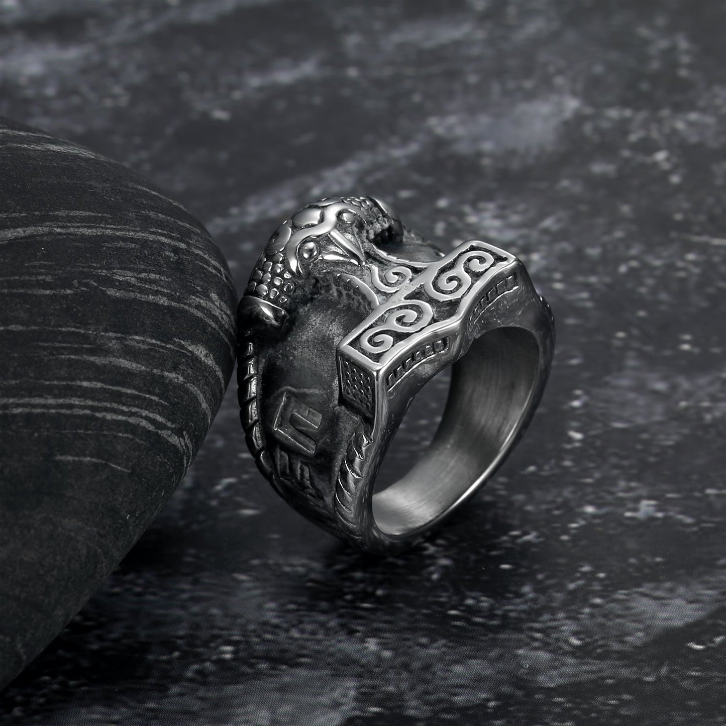 Bjorn Regalia Handcrafted Stainless Steel Thor's Hammer and Rune Ring