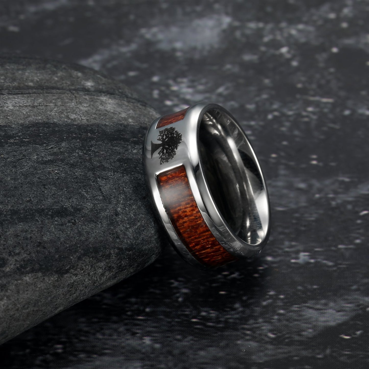 Bjorn Regalia Handcrafted Stainless Steel Tree of Life / Yggdrasil and Wood Inlay Wedding Band