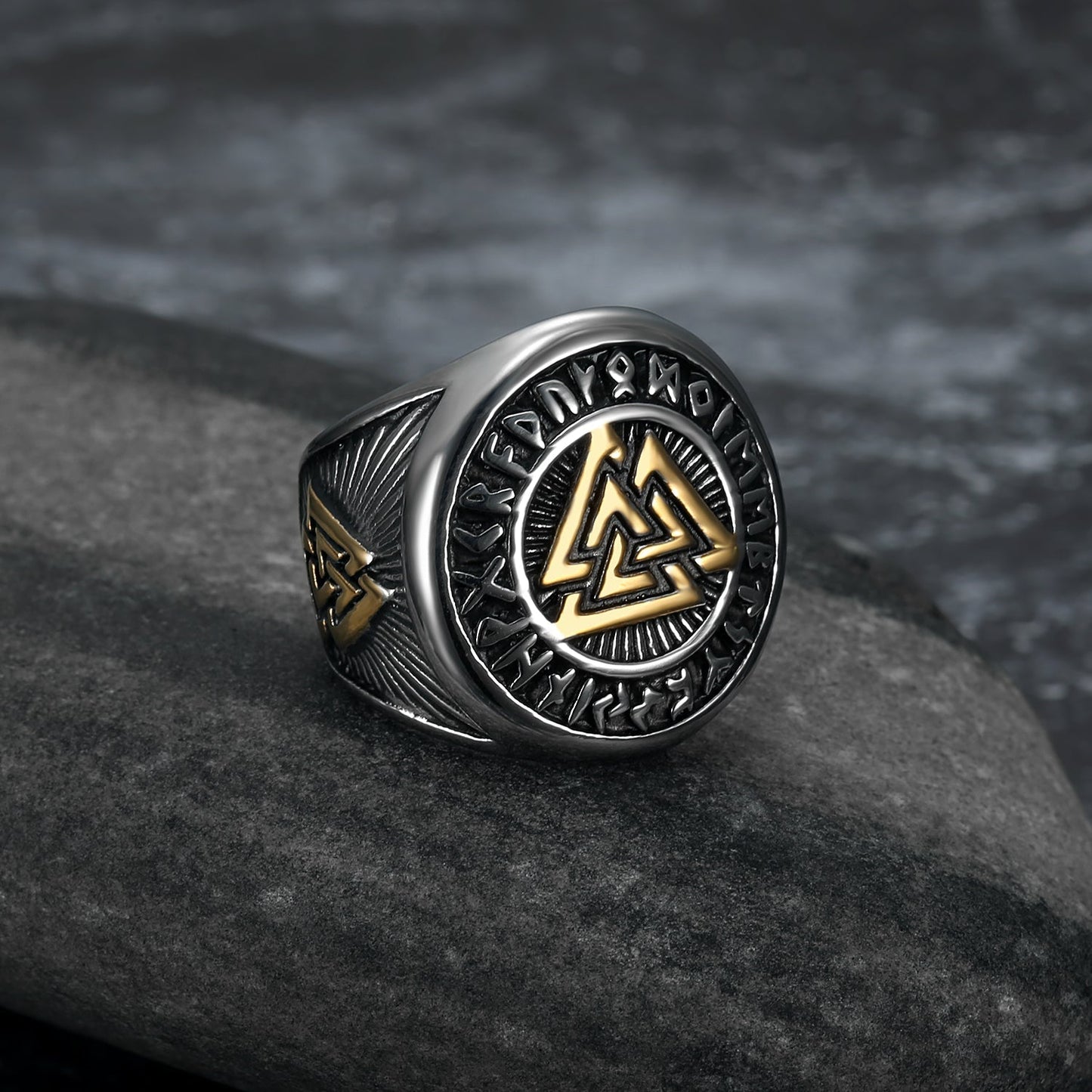 Bjorn Regalia Handcrafted Stainless Steel Dual Color Valknut and Runes Ring