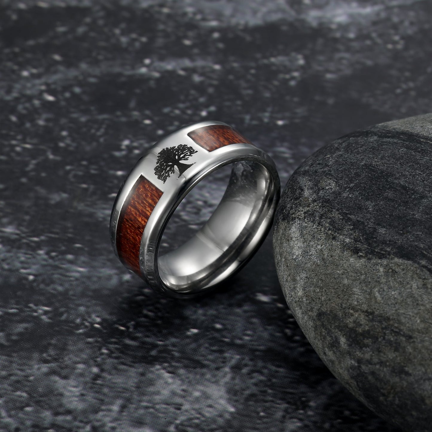 Bjorn Regalia Handcrafted Stainless Steel Tree of Life / Yggdrasil and Wood Inlay Wedding Band