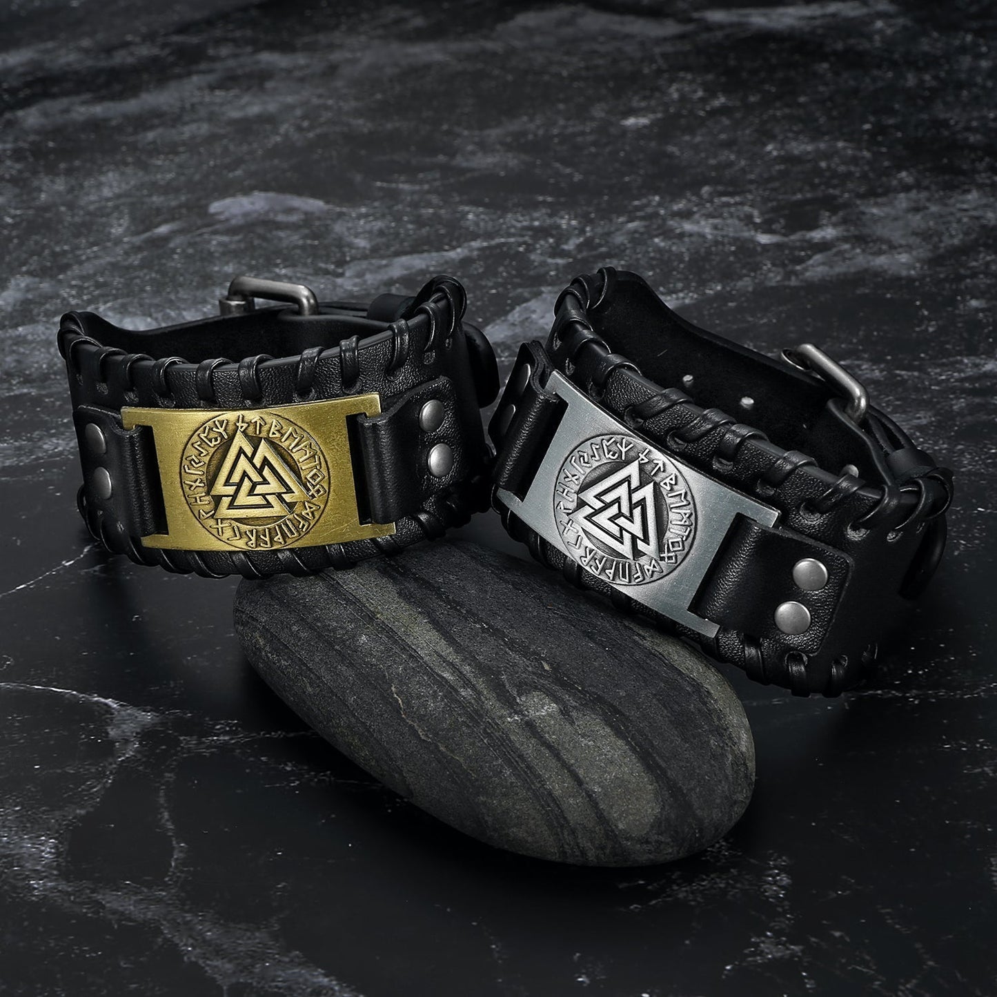 Bjorn Regalia Leather Buckle Arm Cuff With Metal Valknut Design