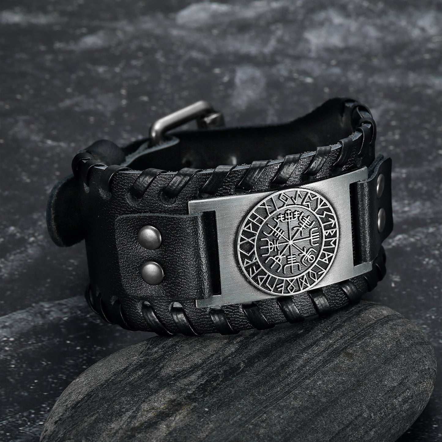Bjorn Regalia Leather Buckle Arm Cuff With Metal Vegvisir Design