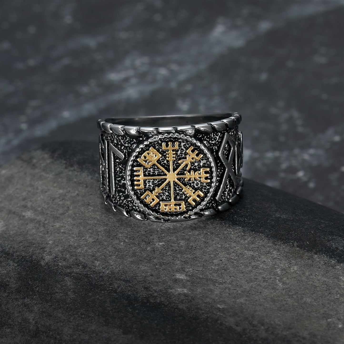 Bjorn Regalia Handcrafted Stainless Steel Vegvisir and Runes Ring