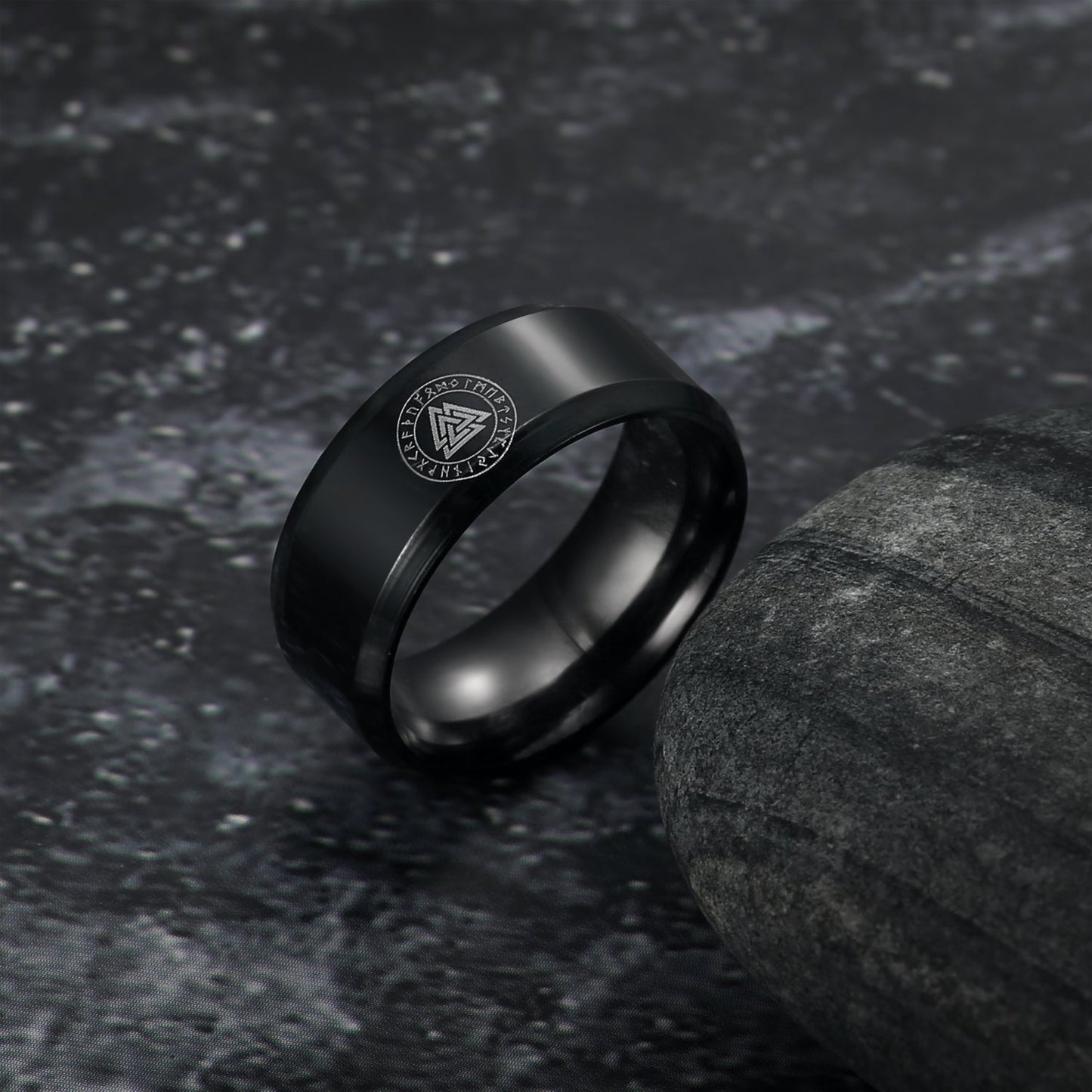 Bjorn Regalia Black Handcrafted Stainless Steel Valknut and Rune Ring