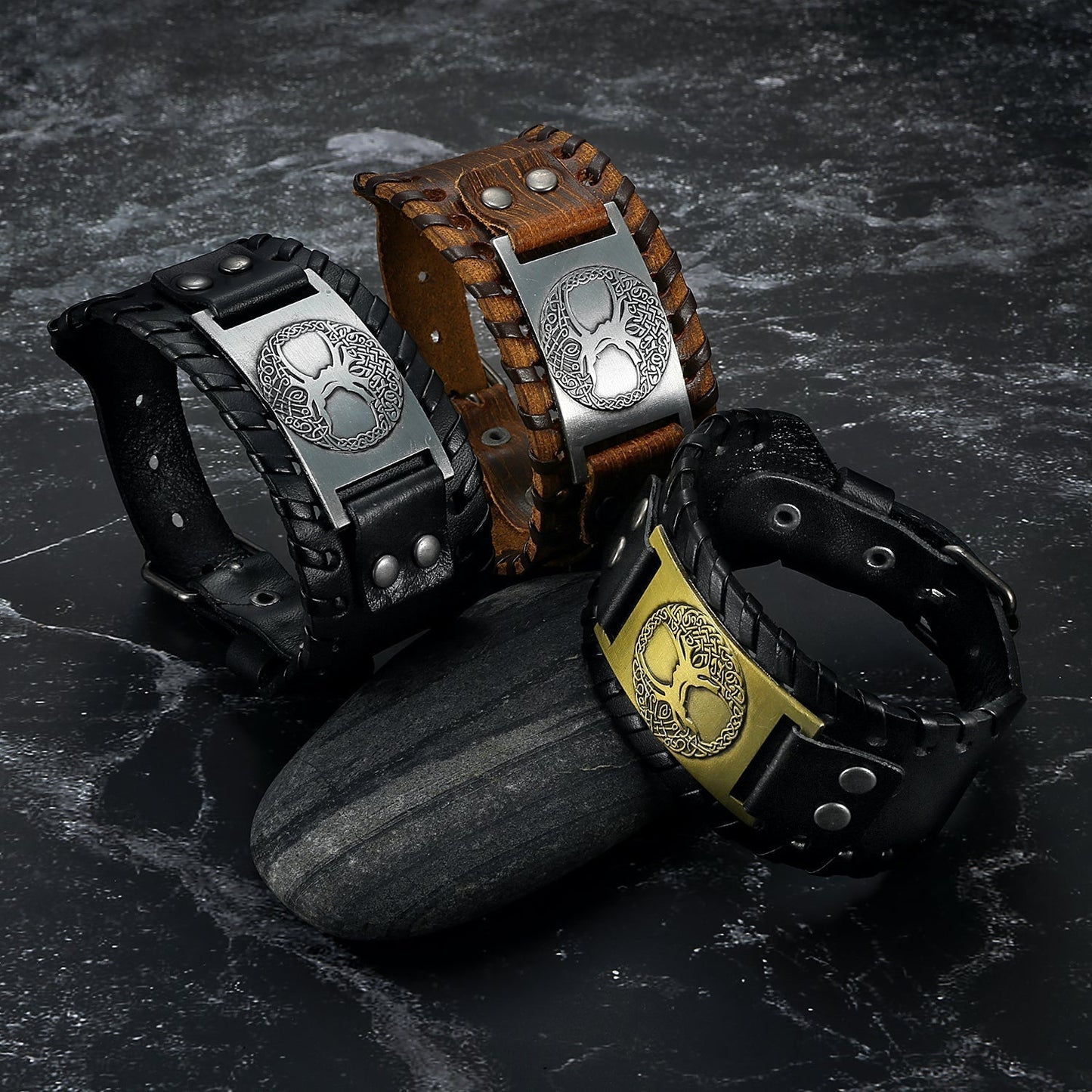 Bjorn Regalia Leather Buckle Arm Cuff With Metal Tree of Life / Yggdrasil Design