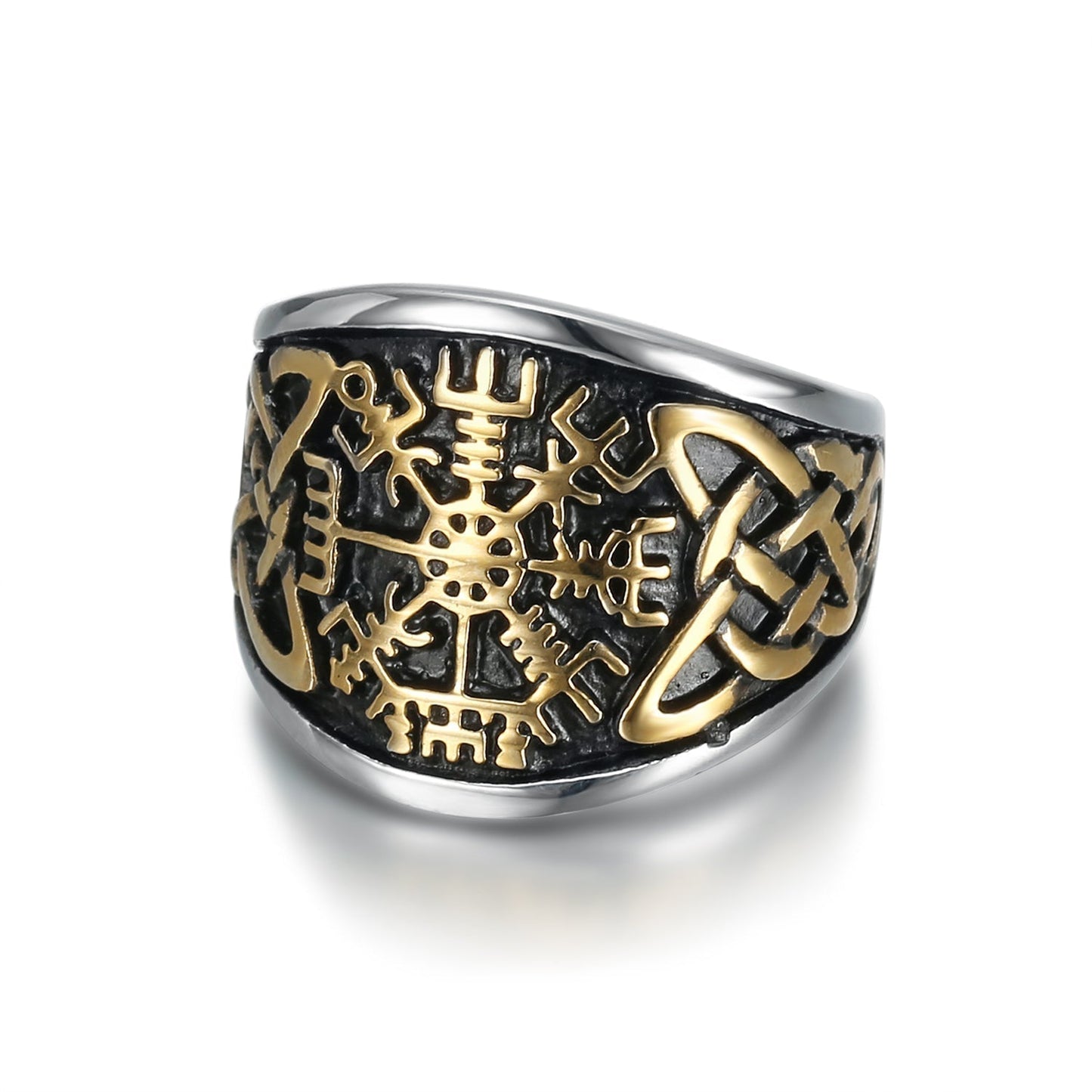 Bjorn Regalia Handcrafted Stainless Steel Vegvisir and Celtic Knot Ring