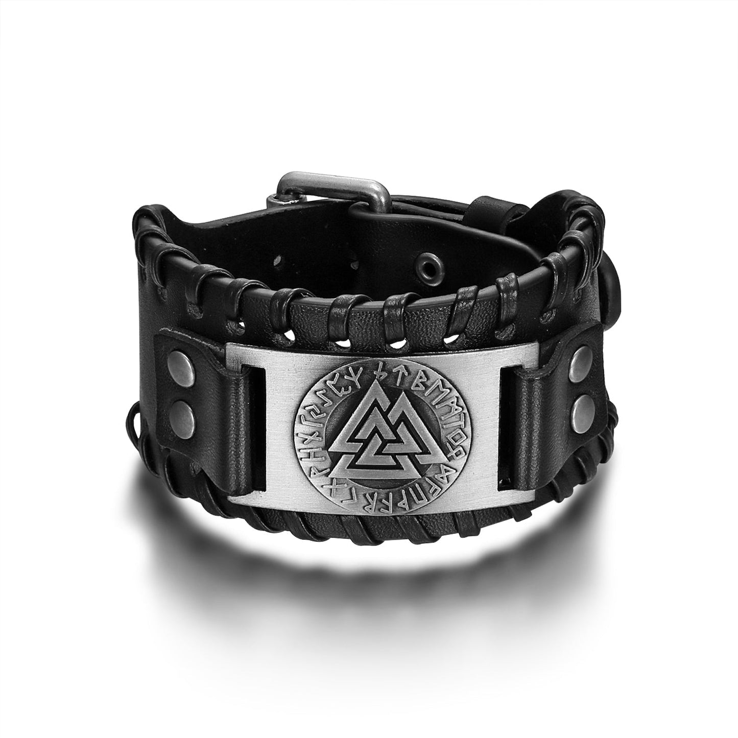Bjorn Regalia Leather Buckle Arm Cuff With Metal Valknut Design