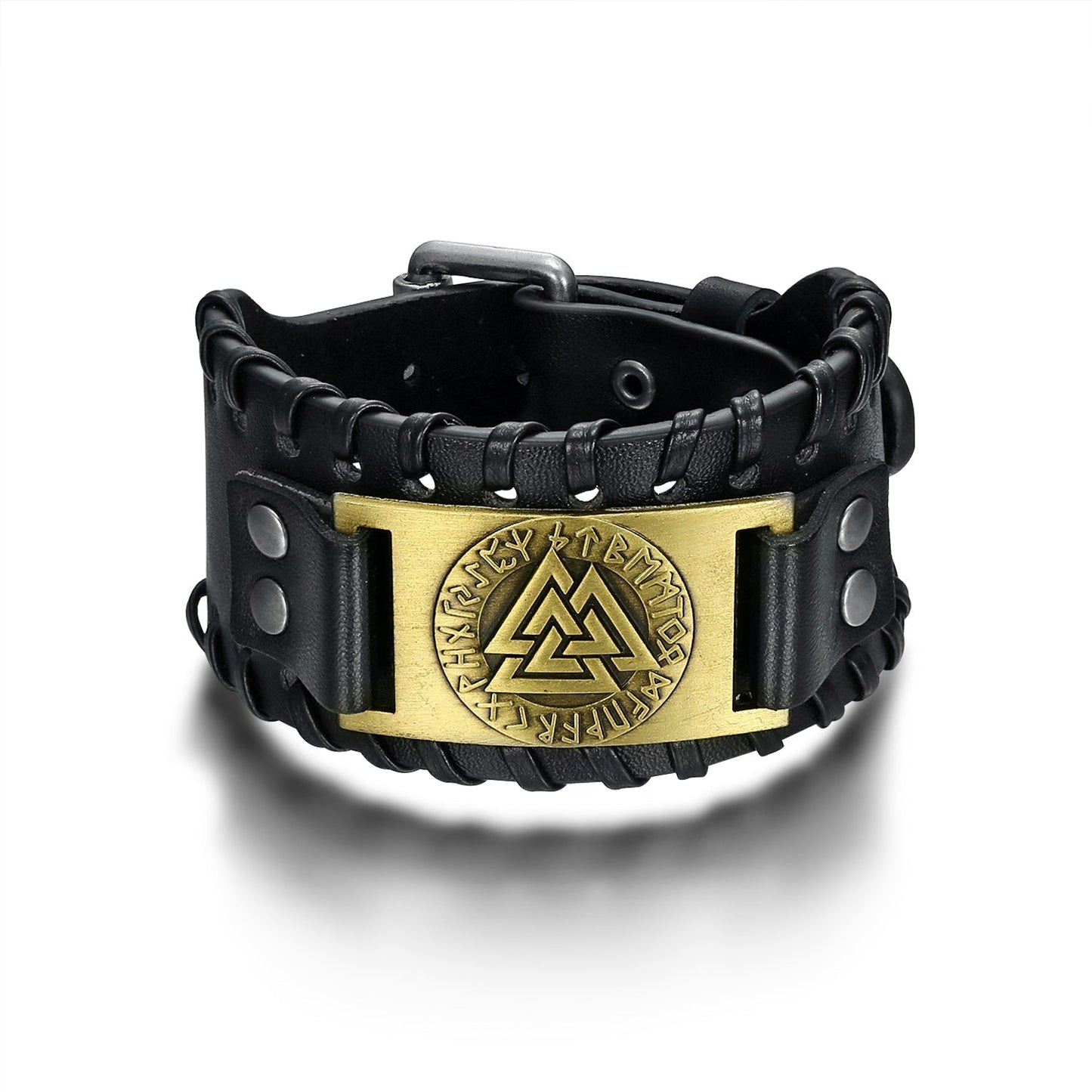 Bjorn Regalia Leather Buckle Arm Cuff With Metal Valknut Design