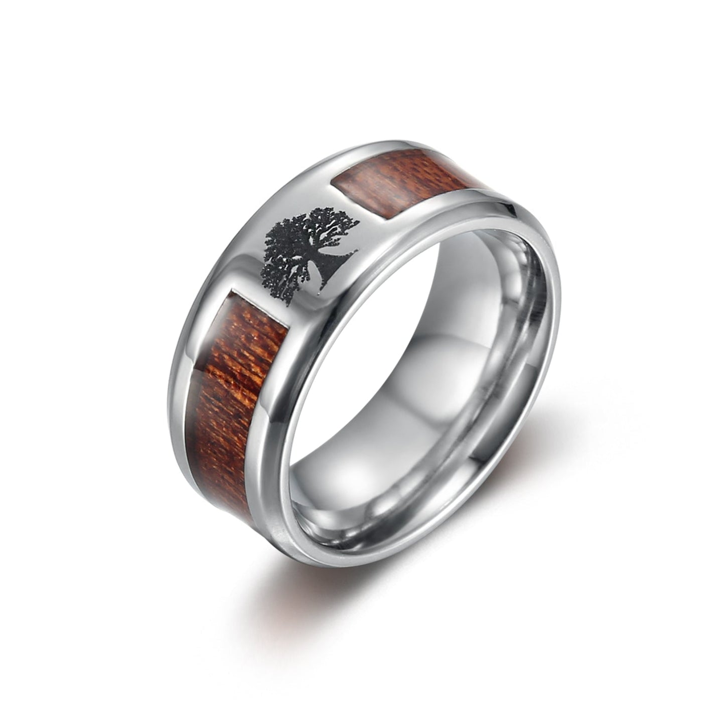 Bjorn Regalia Handcrafted Stainless Steel Tree of Life / Yggdrasil and Wood Inlay Wedding Band