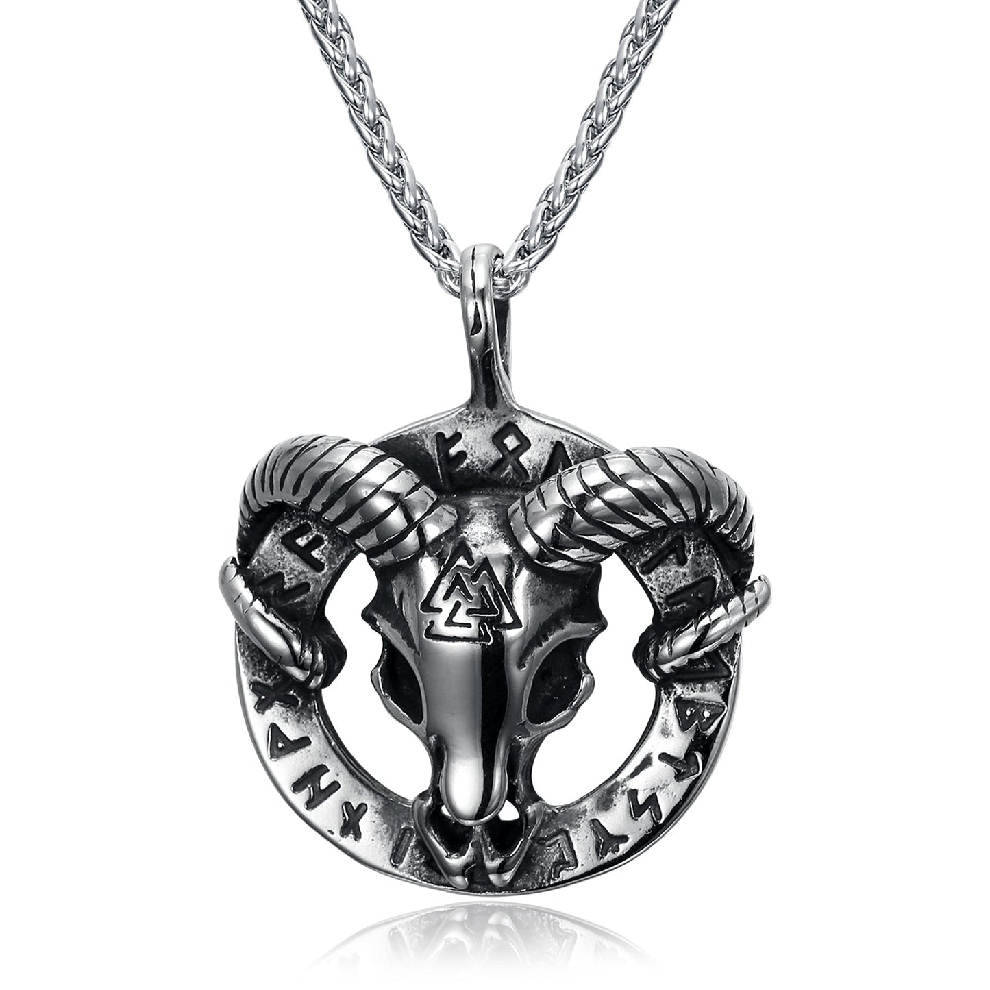 Bjorn Regalia Handcrafted Stainless Steel Goat Head Necklace with Valknut and Runes